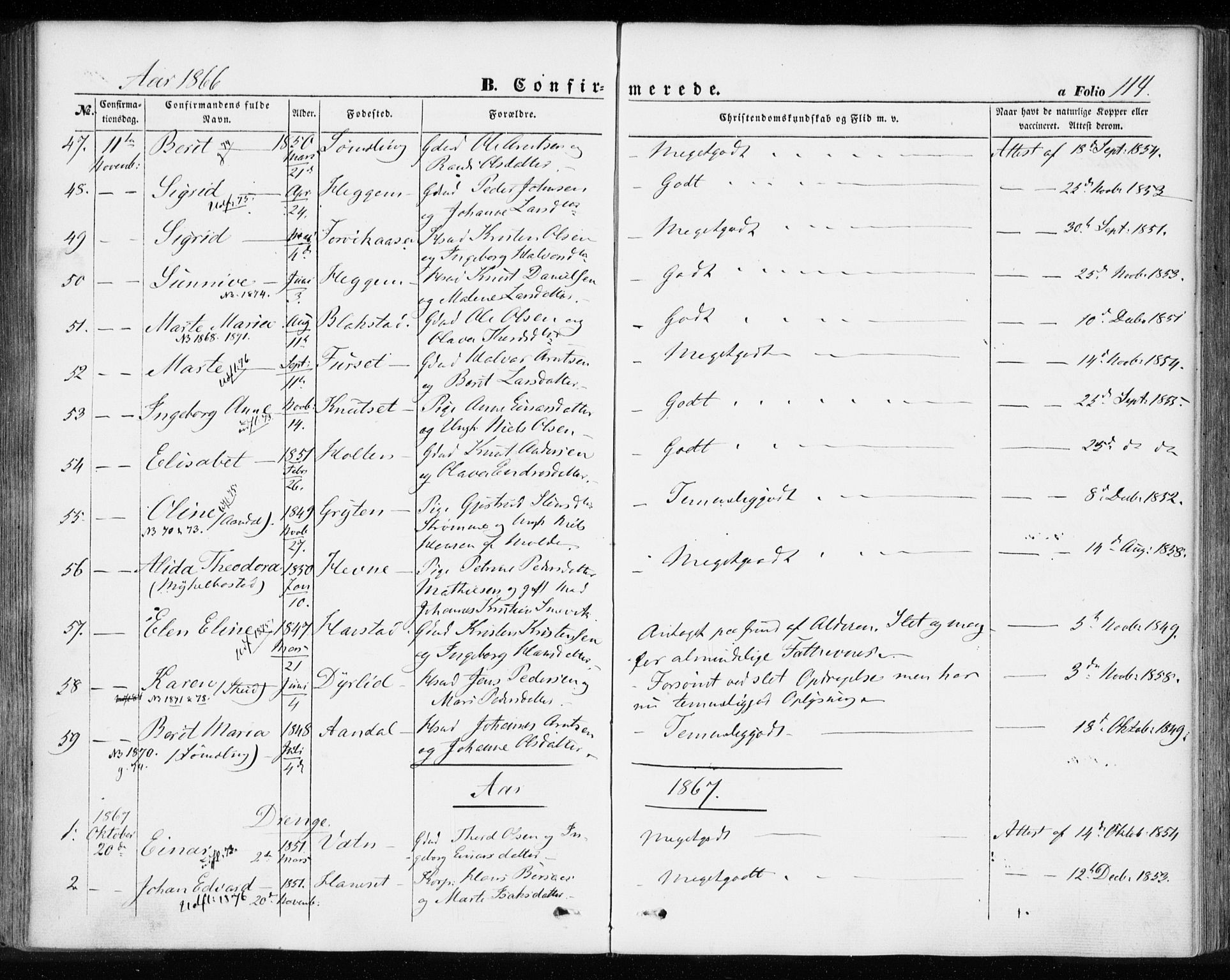 Ministerialprotokoller, klokkerbøker og fødselsregistre - Møre og Romsdal, AV/SAT-A-1454/584/L0965: Parish register (official) no. 584A05, 1857-1868, p. 114