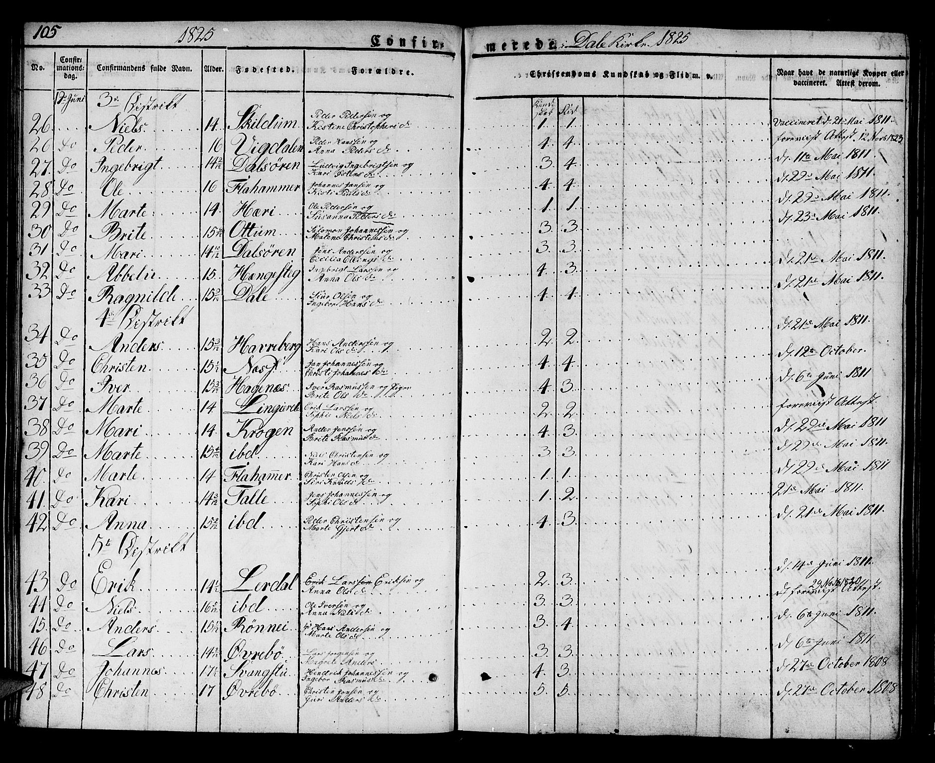 Luster sokneprestembete, AV/SAB-A-81101/H/Haa/Haaa/L0004: Parish register (official) no. A 4, 1821-1832, p. 105