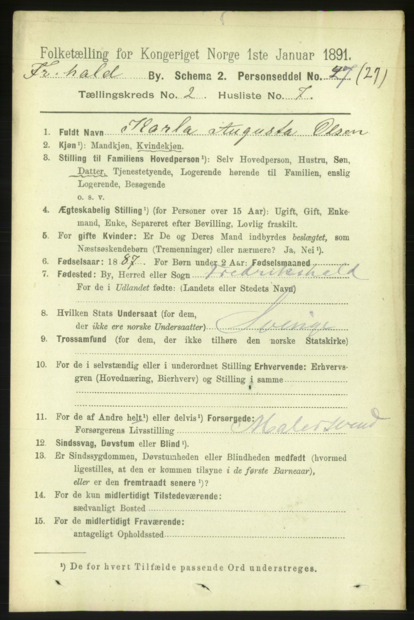 RA, 1891 census for 0101 Fredrikshald, 1891, p. 2753