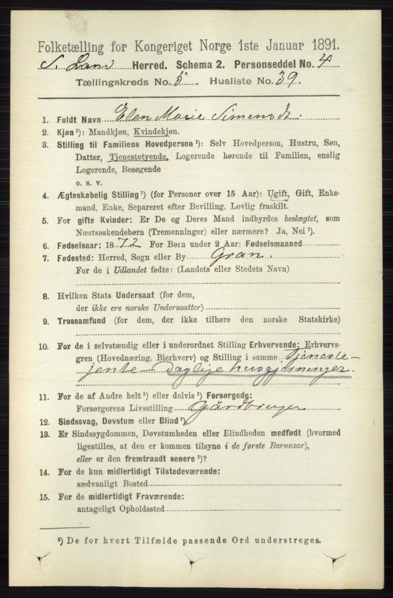 RA, 1891 census for 0536 Søndre Land, 1891, p. 5065