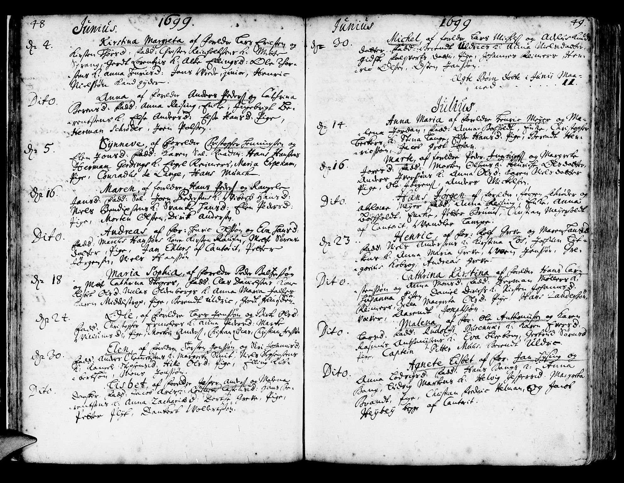 Korskirken sokneprestembete, SAB/A-76101/H/Haa/L0003: Parish register (official) no. A 3, 1698-1719, p. 48-49