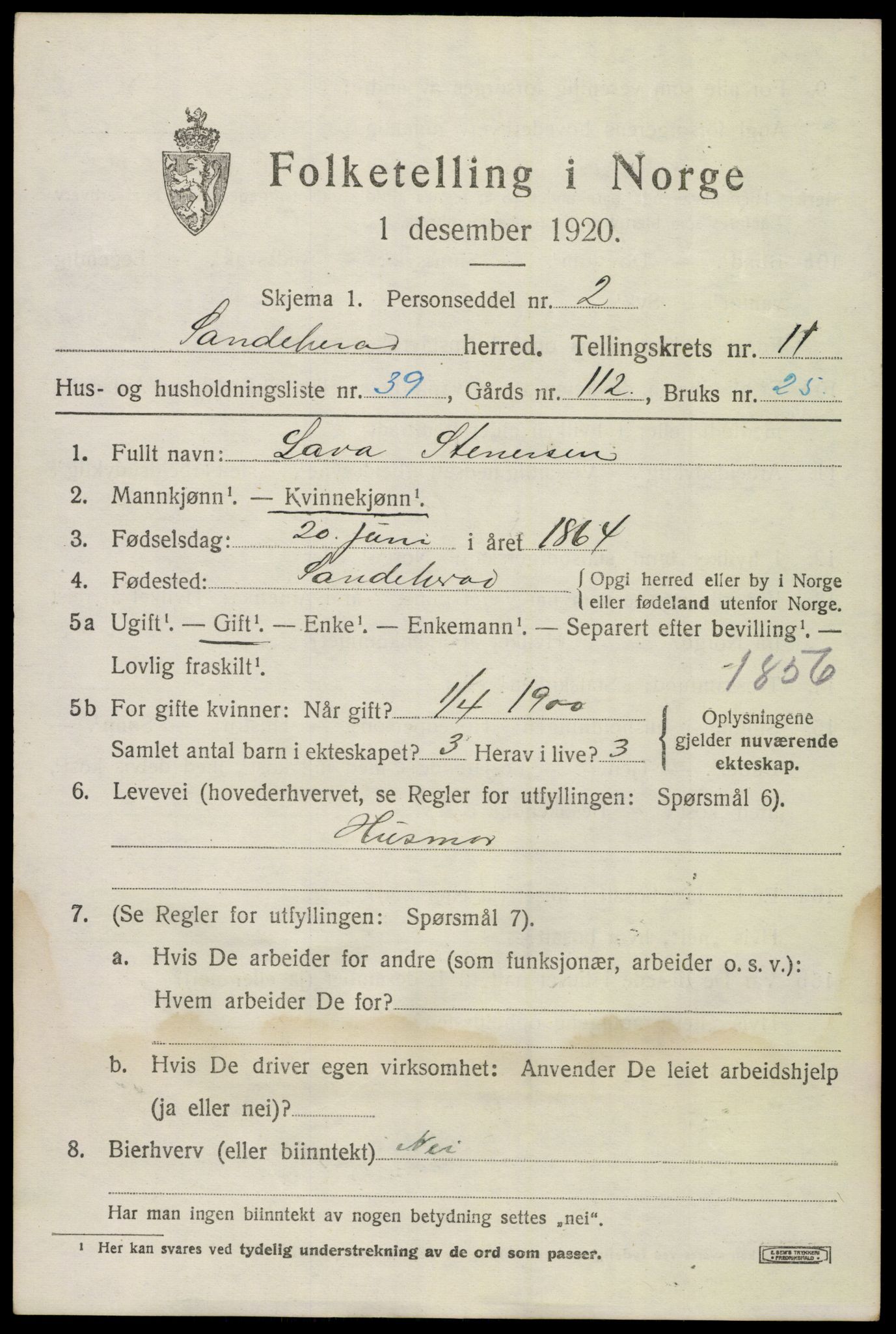 SAKO, 1920 census for Sandeherred, 1920, p. 16150