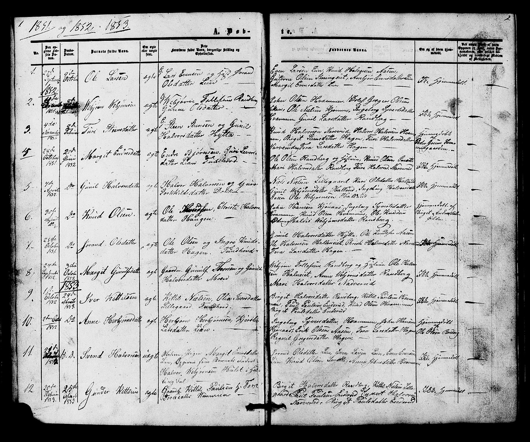 Nore kirkebøker, AV/SAKO-A-238/G/Gc/L0001: Parish register (copy) no. III 1, 1851-1877, p. 1-2