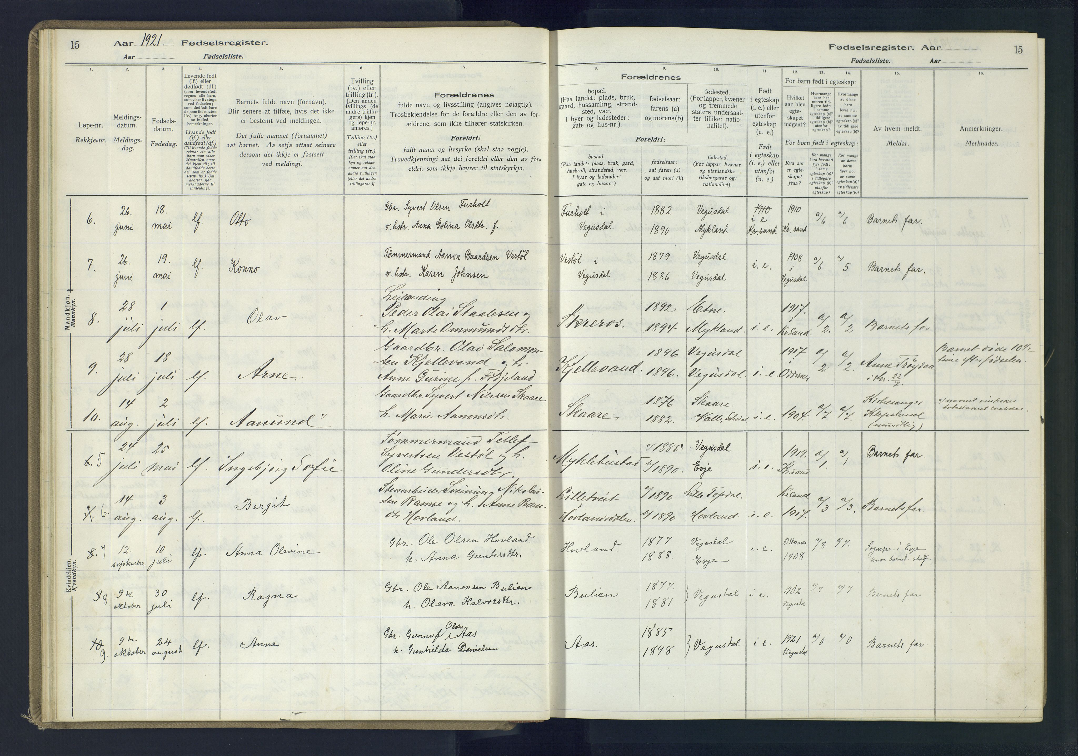 Herefoss sokneprestkontor, AV/SAK-1111-0019/J/Ja/L0002: Birth register no. II.6.11, 1916-1982, p. 15