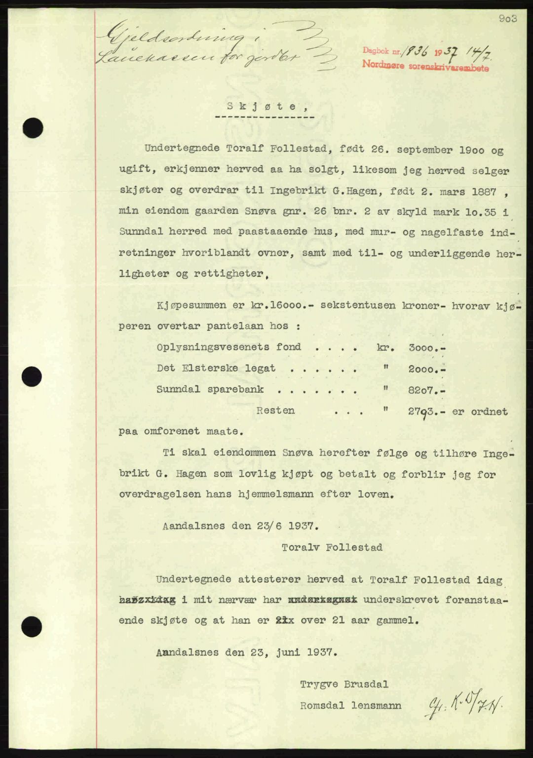 Nordmøre sorenskriveri, AV/SAT-A-4132/1/2/2Ca: Mortgage book no. A81, 1937-1937, Diary no: : 1836/1937