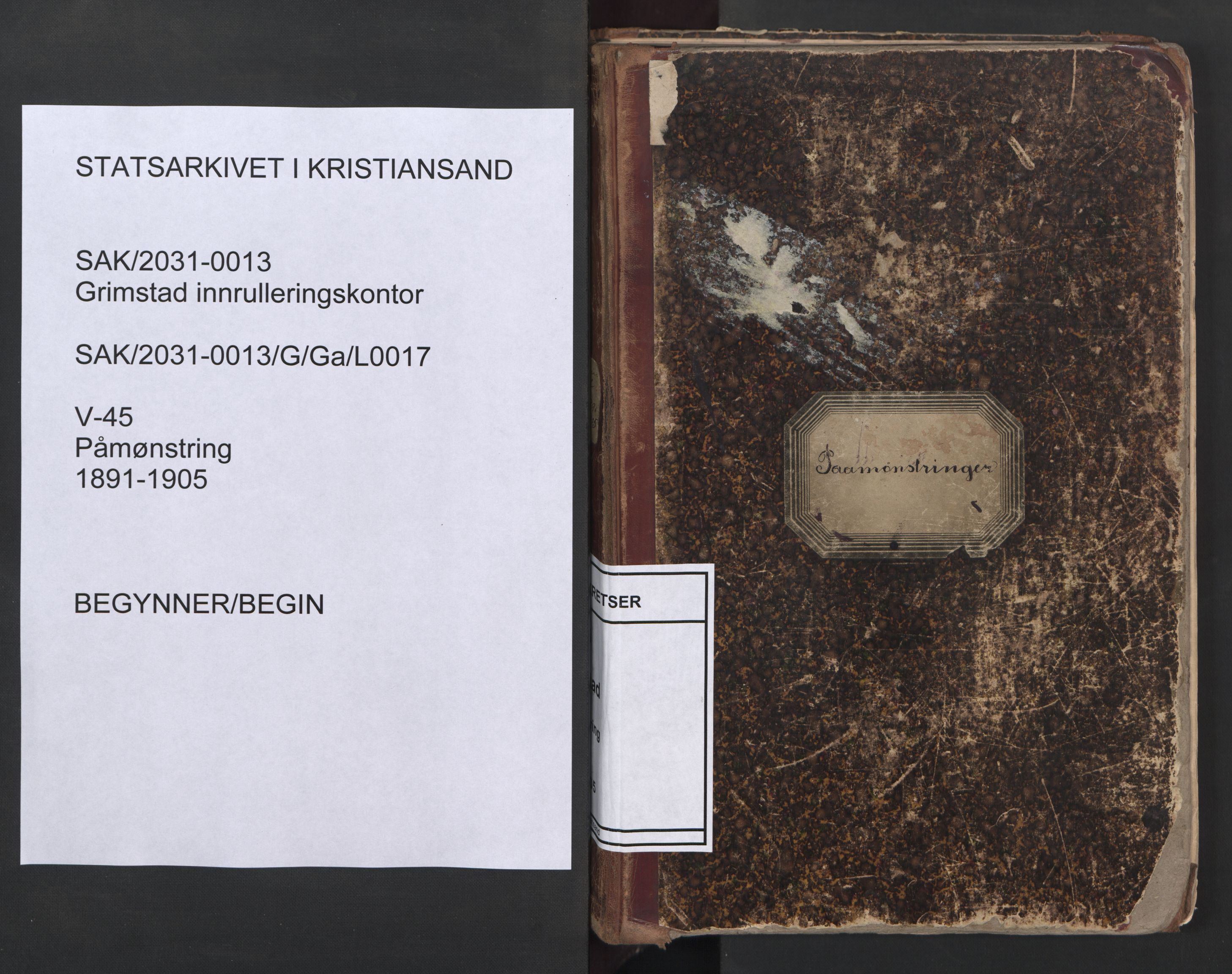 Grimstad mønstringskrets, SAK/2031-0013/G/Ga/L0017: Påmønstring, V-45, 1891-1905, p. 1