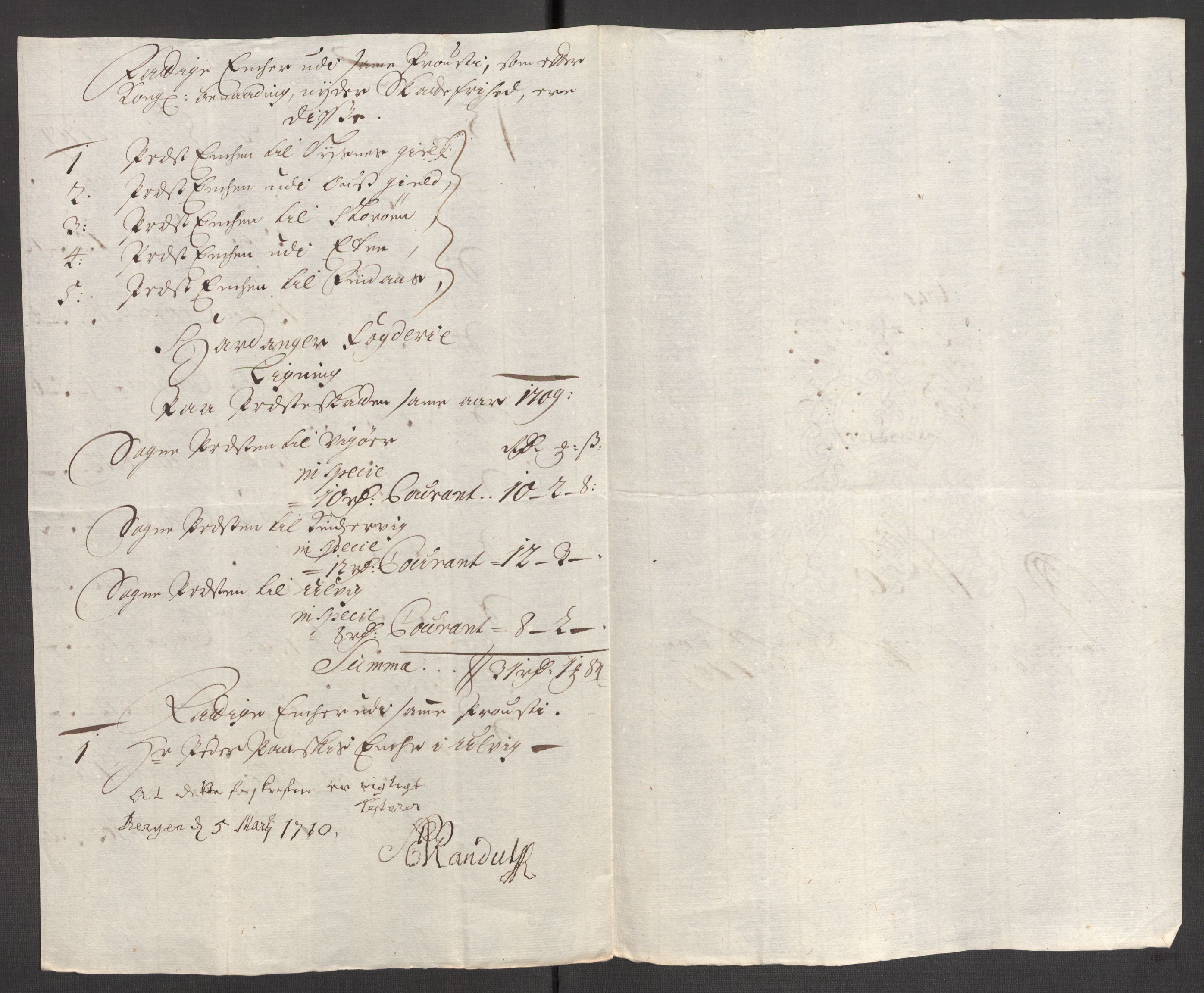 Rentekammeret inntil 1814, Reviderte regnskaper, Fogderegnskap, RA/EA-4092/R48/L2986: Fogderegnskap Sunnhordland og Hardanger, 1709-1710, p. 156