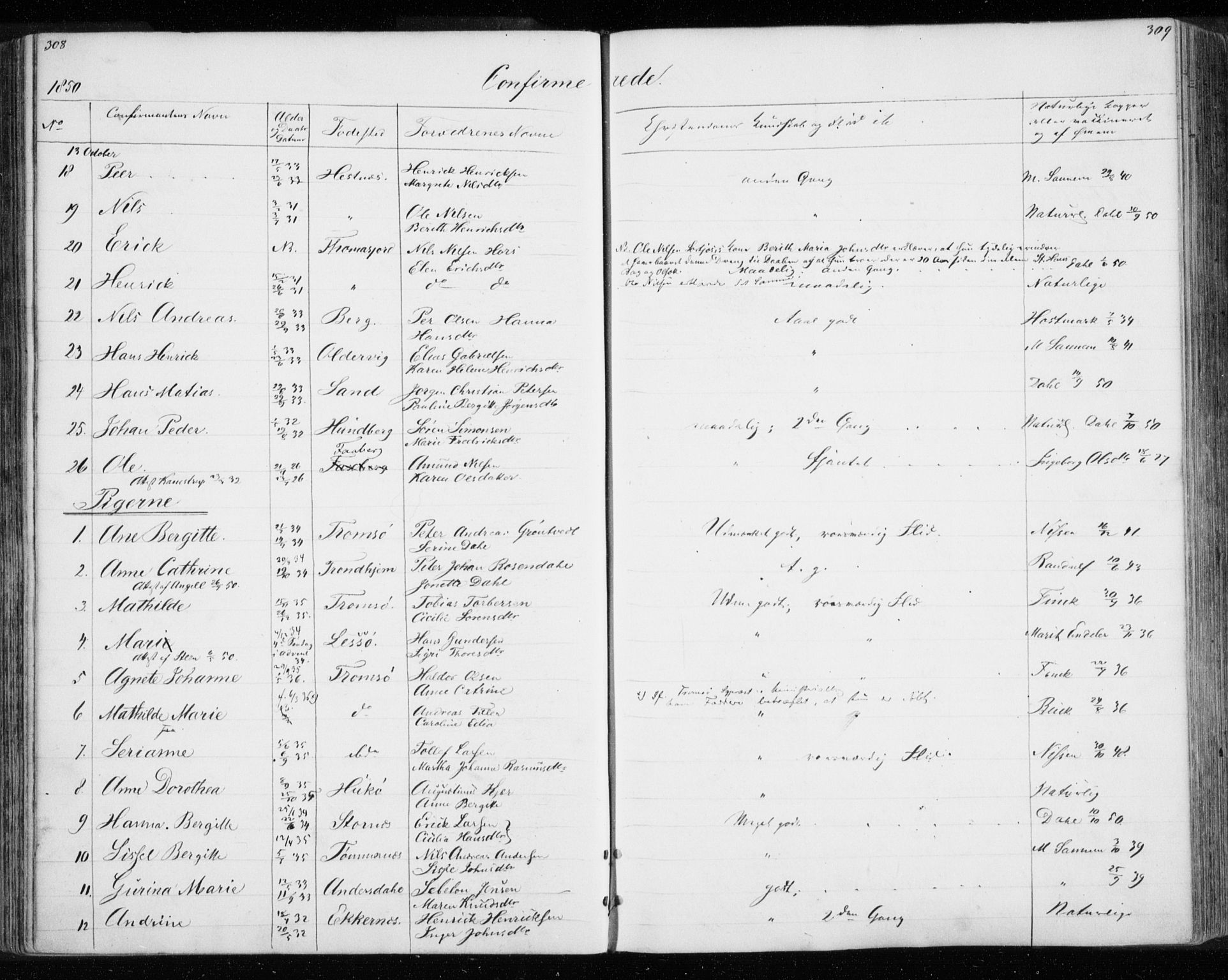 Tromsø sokneprestkontor/stiftsprosti/domprosti, SATØ/S-1343/G/Gb/L0005klokker: Parish register (copy) no. 5, 1846-1857, p. 308-309