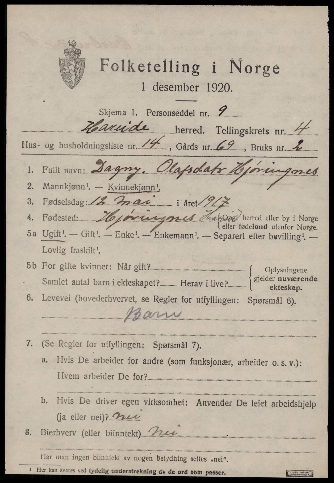 SAT, 1920 census for Hareid, 1920, p. 1867