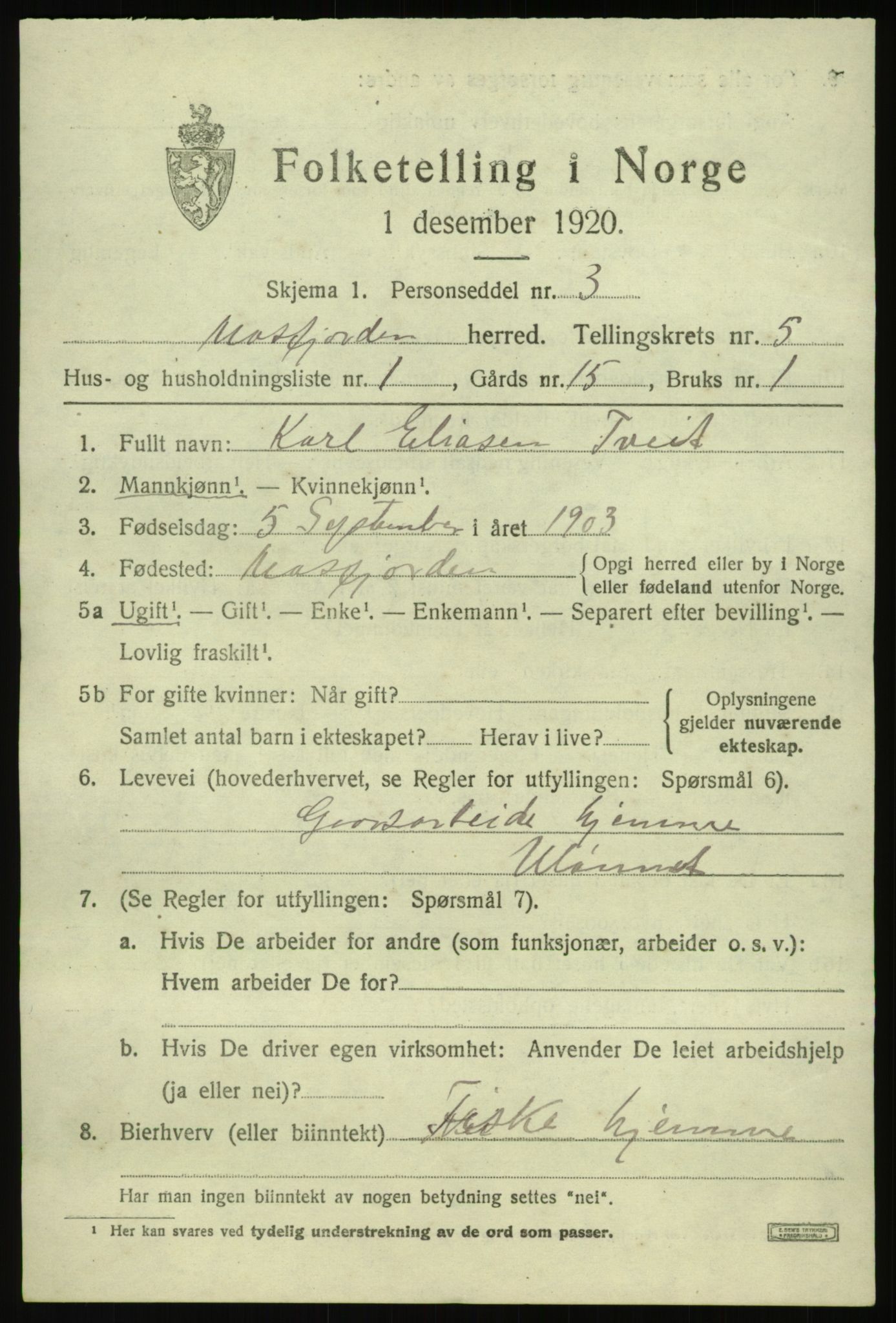 SAB, 1920 census for Masfjorden, 1920, p. 2063