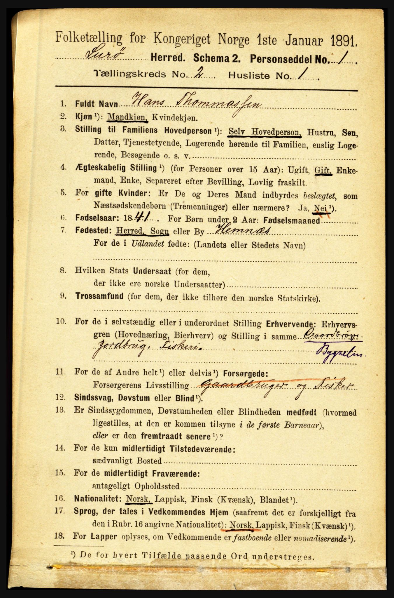 RA, 1891 census for 1834 Lurøy, 1891, p. 748