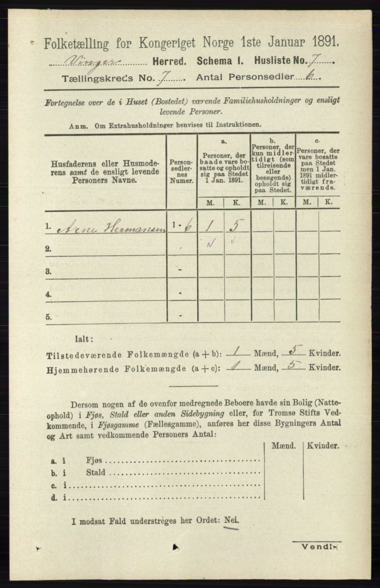 RA, 1891 census for 0421 Vinger, 1891, p. 3181