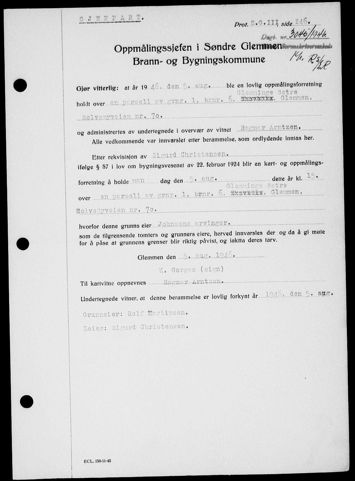 Onsøy sorenskriveri, SAO/A-10474/G/Ga/Gab/L0018: Mortgage book no. II A-18, 1946-1947, Diary no: : 3045/1946