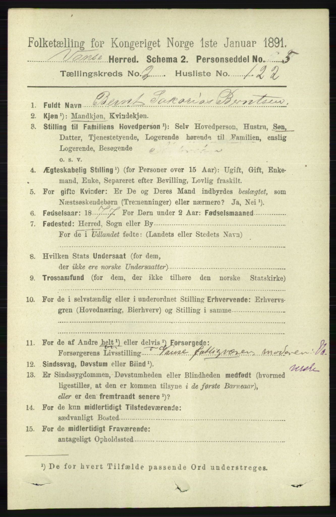 RA, 1891 census for 1041 Vanse, 1891, p. 1252