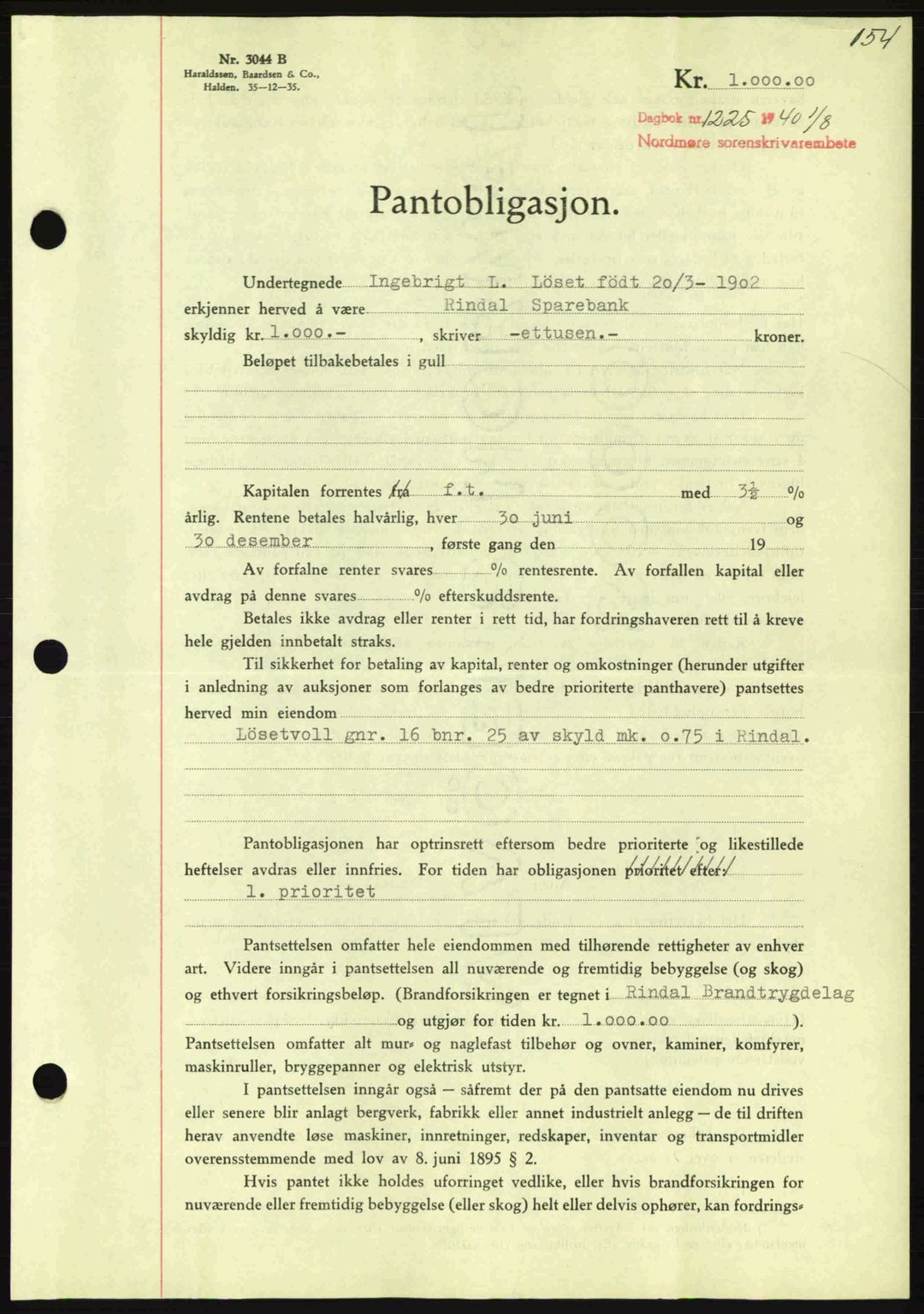 Nordmøre sorenskriveri, AV/SAT-A-4132/1/2/2Ca: Mortgage book no. B87, 1940-1941, Diary no: : 1225/1940