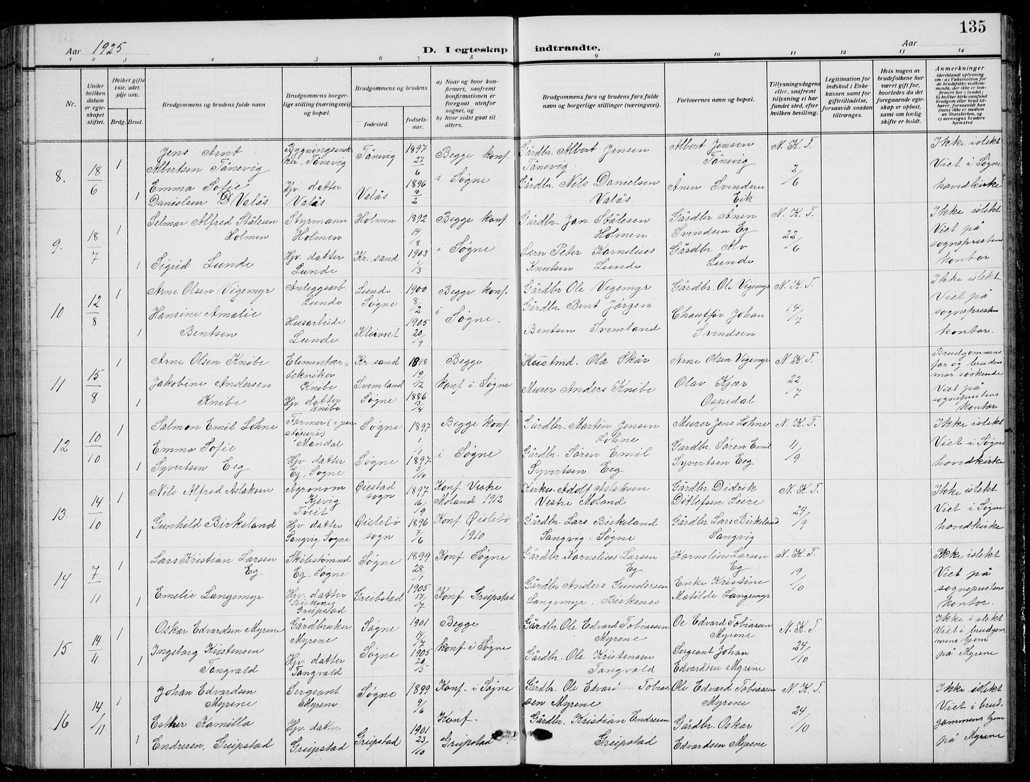 Søgne sokneprestkontor, SAK/1111-0037/F/Fb/Fbb/L0007: Parish register (copy) no. B 7, 1912-1931, p. 135