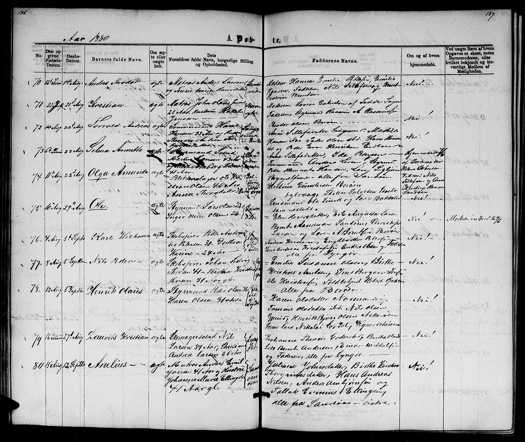 Dypvåg sokneprestkontor, AV/SAK-1111-0007/F/Fb/Fba/L0012: Parish register (copy) no. B 12, 1872-1886, p. 186-187