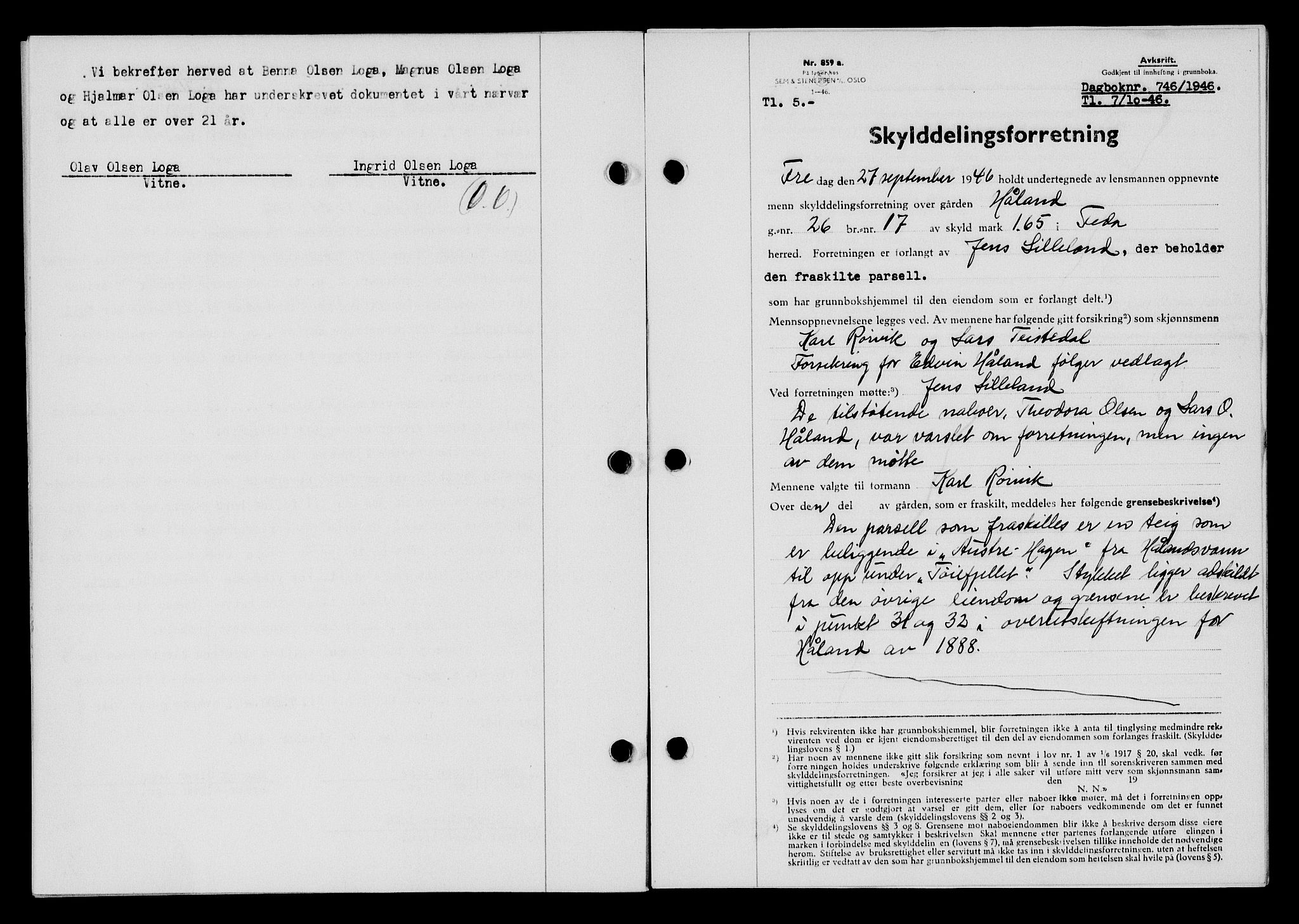 Flekkefjord sorenskriveri, SAK/1221-0001/G/Gb/Gba/L0061: Mortgage book no. A-9, 1946-1947, Diary no: : 746/1946