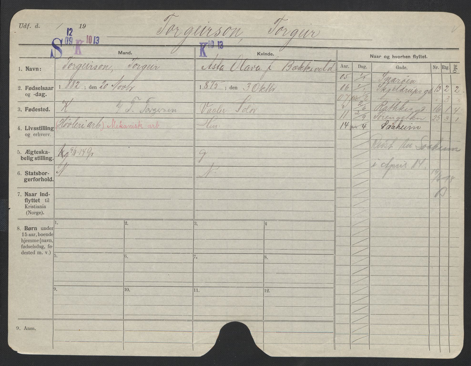 Oslo folkeregister, Registerkort, SAO/A-11715/F/Fa/Fac/L0011: Menn, 1906-1914, p. 249a