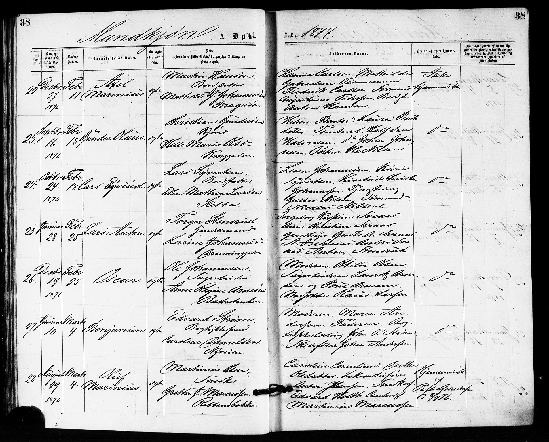 Bragernes kirkebøker, AV/SAKO-A-6/F/Fb/L0005: Parish register (official) no. II 5, 1875-1877, p. 38