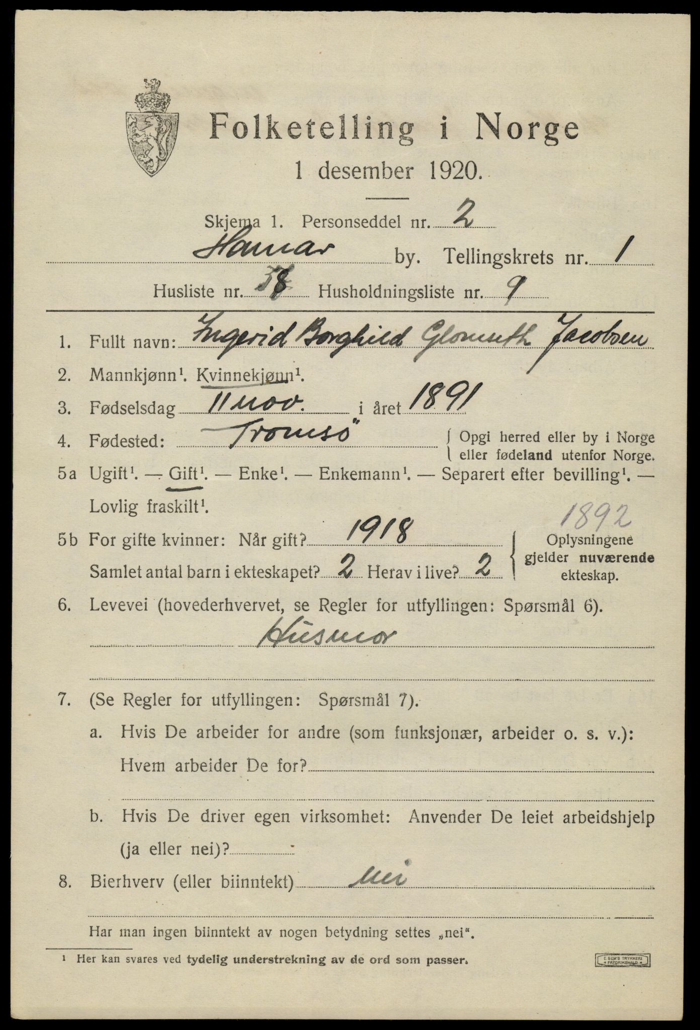 SAH, 1920 census for Hamar, 1920, p. 5123