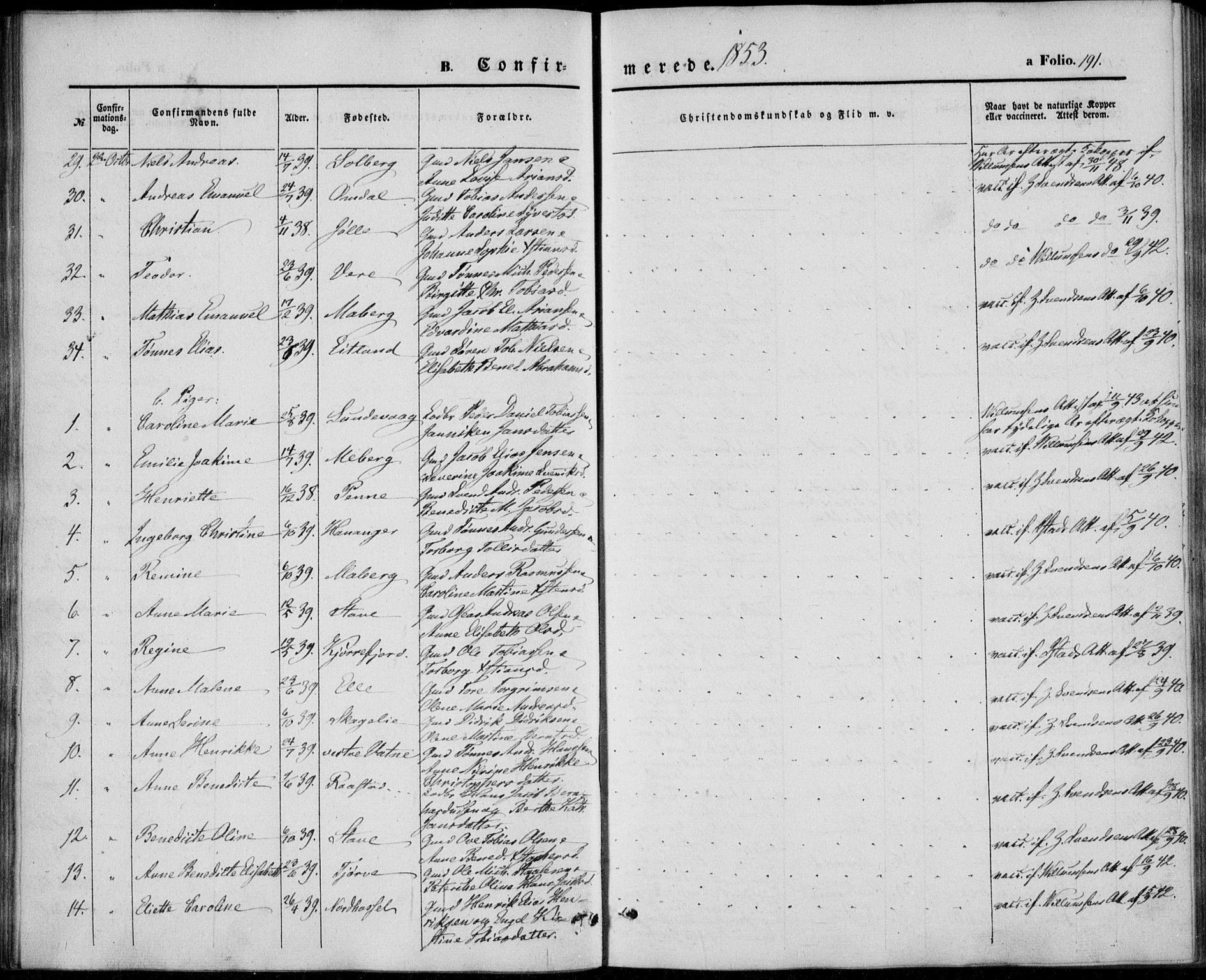 Lista sokneprestkontor, AV/SAK-1111-0027/F/Fb/L0002: Parish register (copy) no. B 2, 1847-1862, p. 191