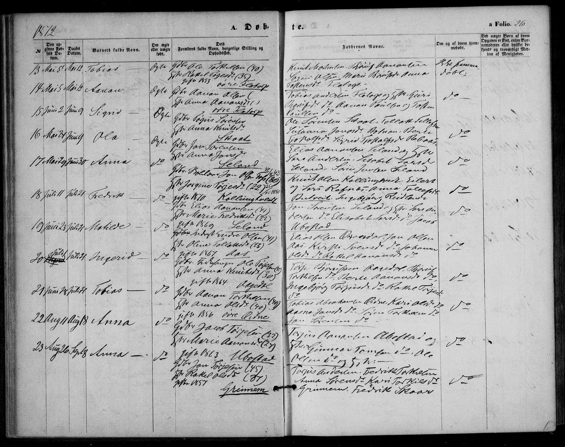 Bjelland sokneprestkontor, SAK/1111-0005/F/Fa/Fac/L0002: Parish register (official) no. A 2, 1866-1887, p. 26