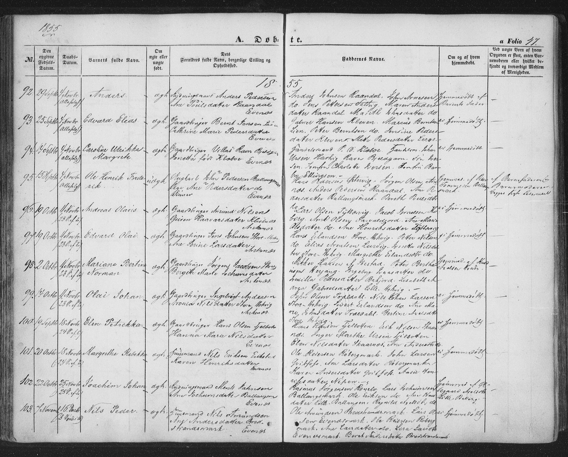 Ministerialprotokoller, klokkerbøker og fødselsregistre - Nordland, AV/SAT-A-1459/863/L0895: Parish register (official) no. 863A07, 1851-1860, p. 47