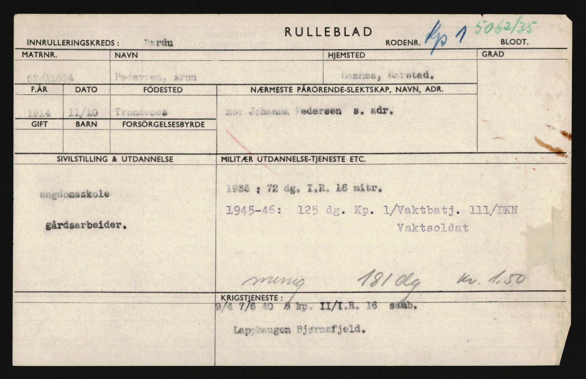 Forsvaret, Troms infanteriregiment nr. 16, AV/RA-RAFA-3146/P/Pa/L0019: Rulleblad for regimentets menige mannskaper, årsklasse 1935, 1935, p. 993