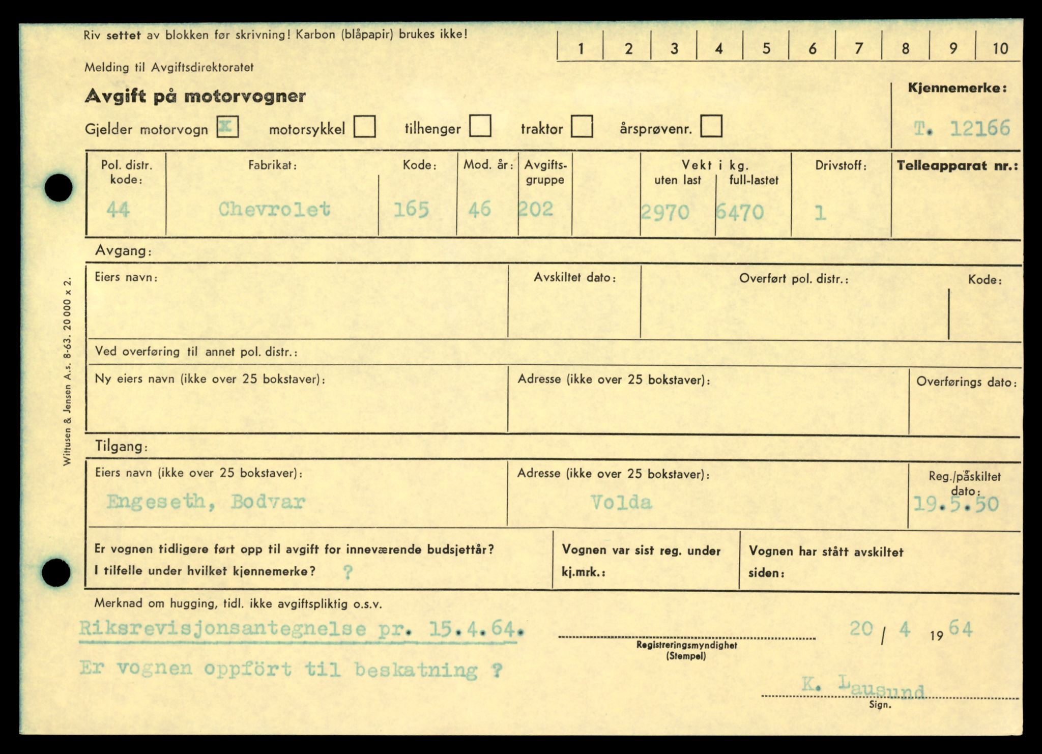 Møre og Romsdal vegkontor - Ålesund trafikkstasjon, AV/SAT-A-4099/F/Fe/L0033: Registreringskort for kjøretøy T 12151 - T 12474, 1927-1998, p. 291