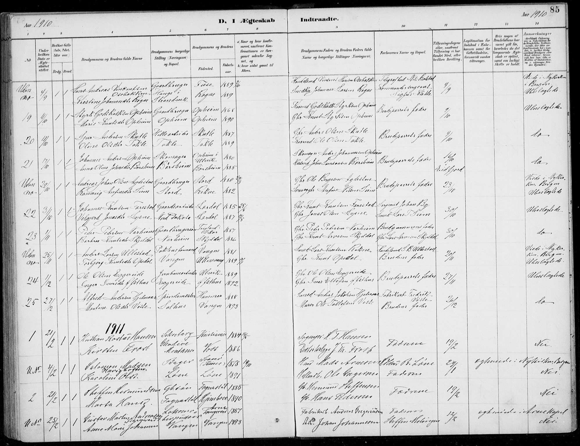 Voss sokneprestembete, SAB/A-79001/H/Haa: Parish register (official) no. C  1, 1887-1915, p. 85