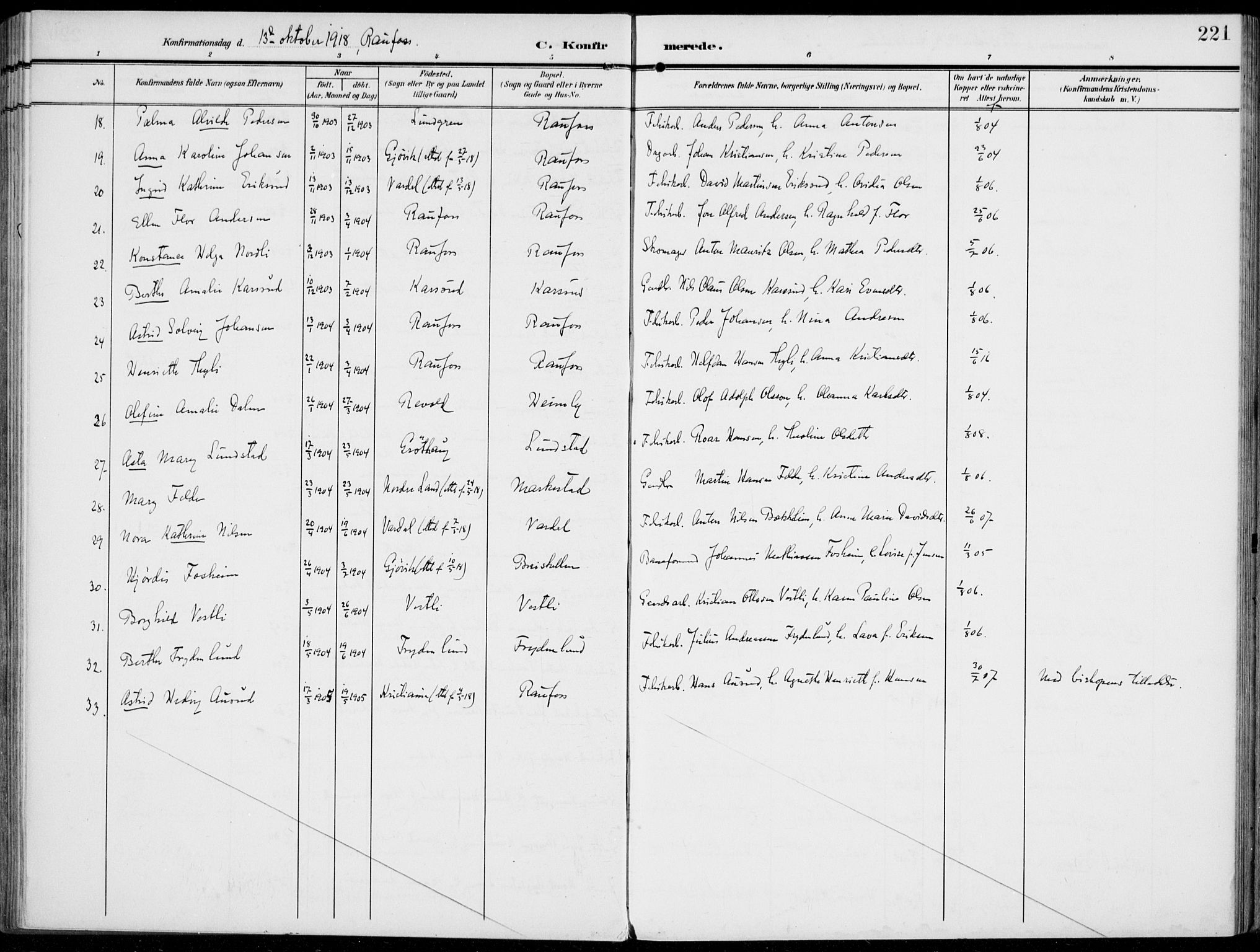 Vestre Toten prestekontor, AV/SAH-PREST-108/H/Ha/Haa/L0014: Parish register (official) no. 14, 1907-1920, p. 221