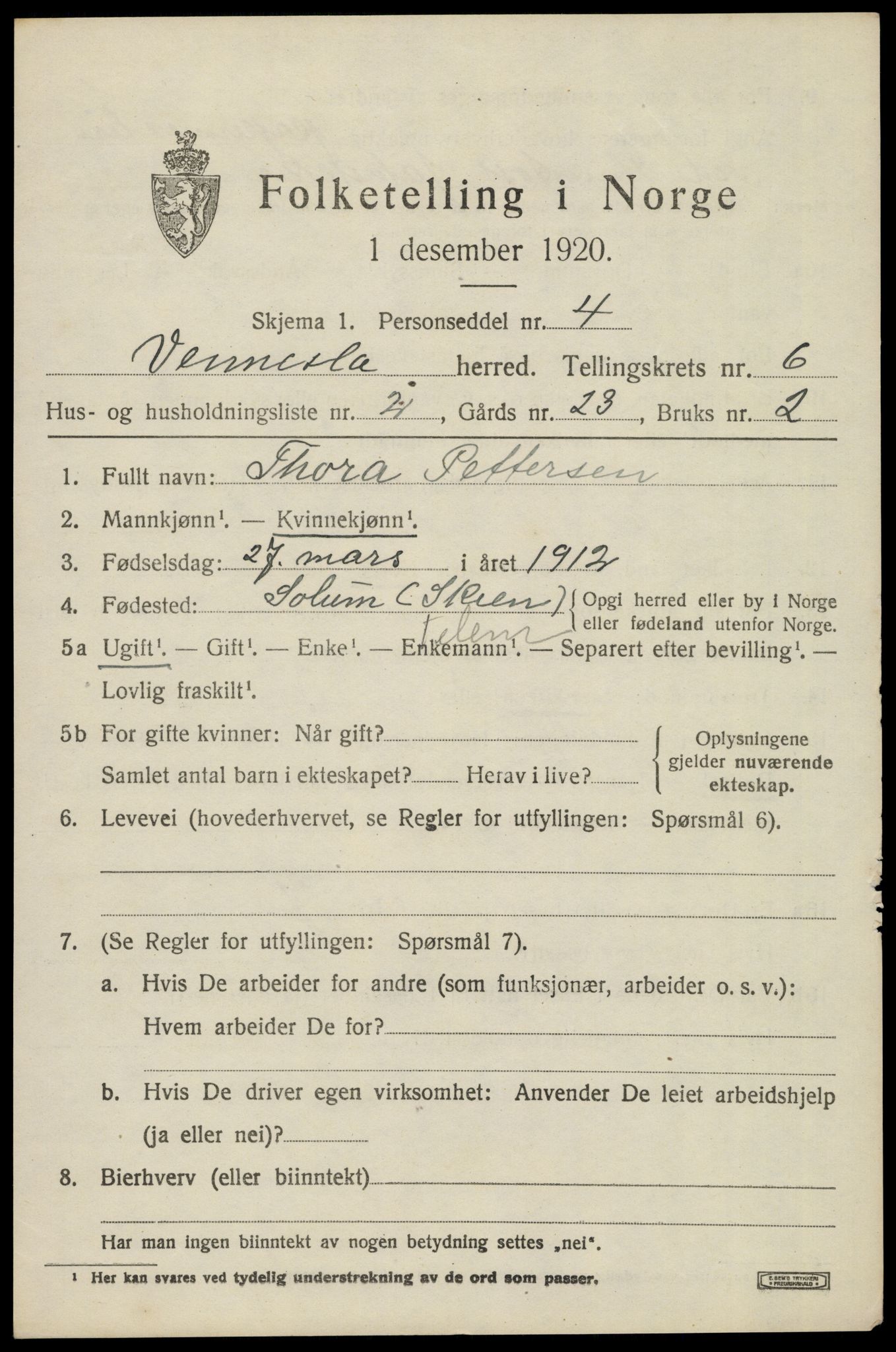 SAK, 1920 census for Vennesla, 1920, p. 4324