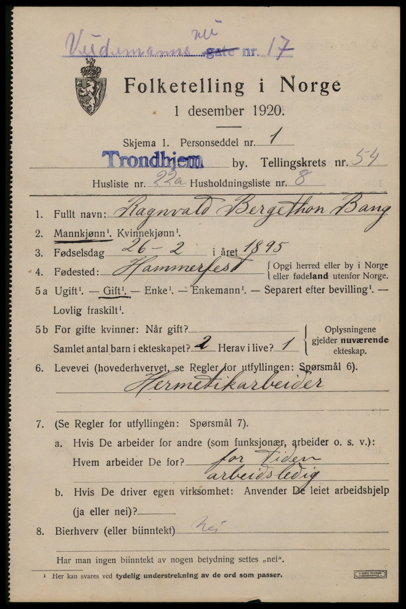 SAT, 1920 census for Trondheim, 1920, p. 111256