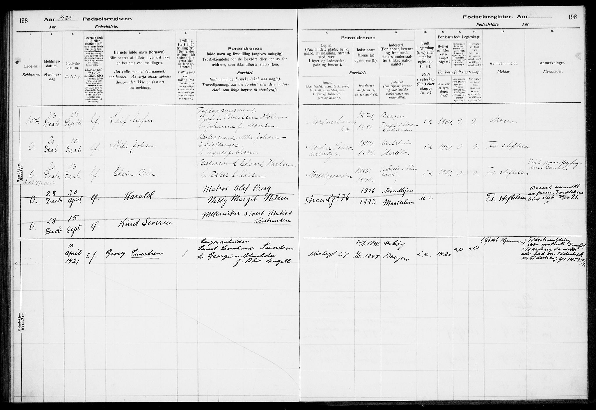 Nykirken Sokneprestembete, AV/SAB-A-77101/I/Id/L00A1: Birth register no. A 1, 1916-1922, p. 198