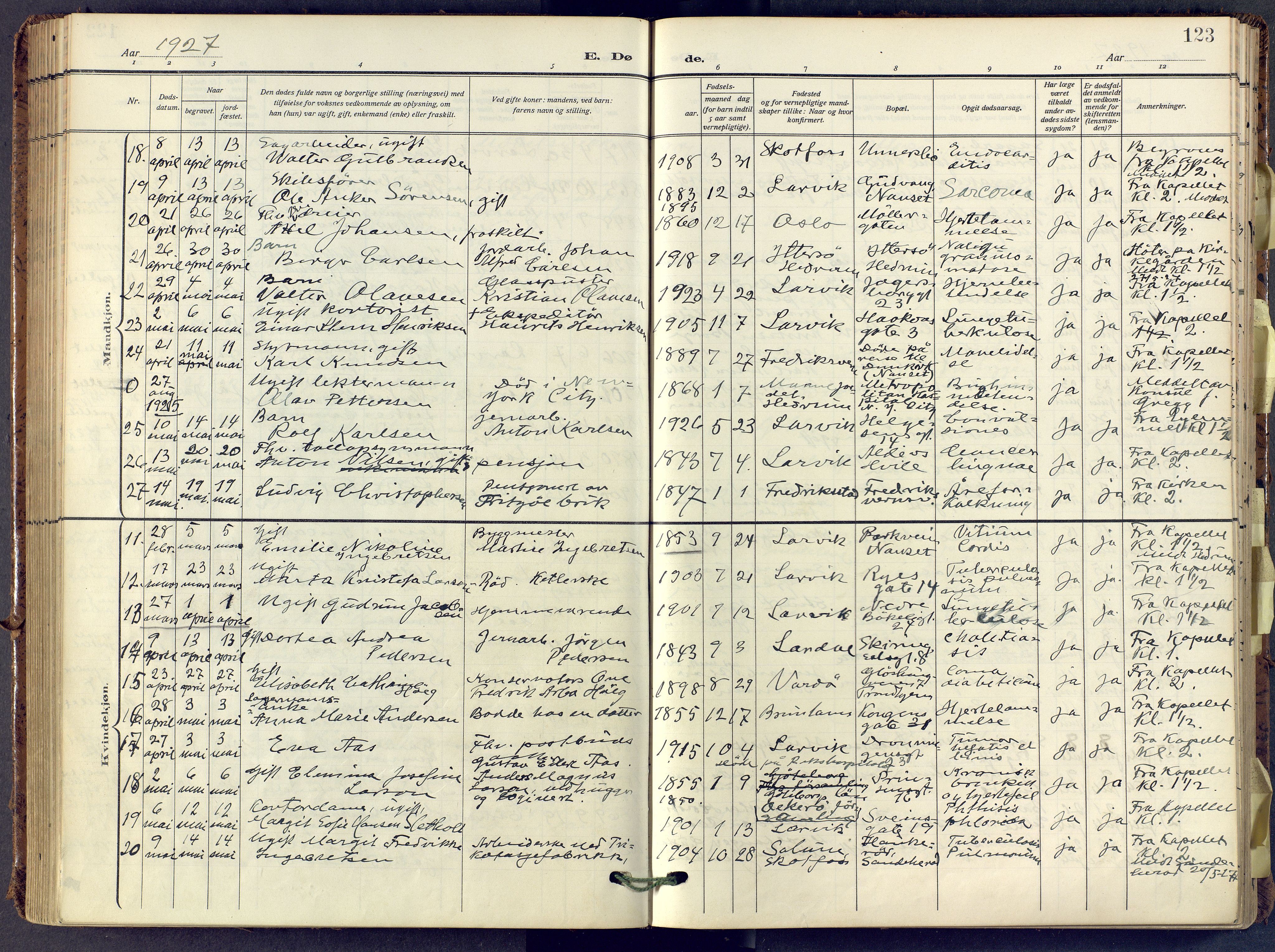 Larvik kirkebøker, SAKO/A-352/F/Fa/L0013: Parish register (official) no. I 13, 1910-1960, p. 123