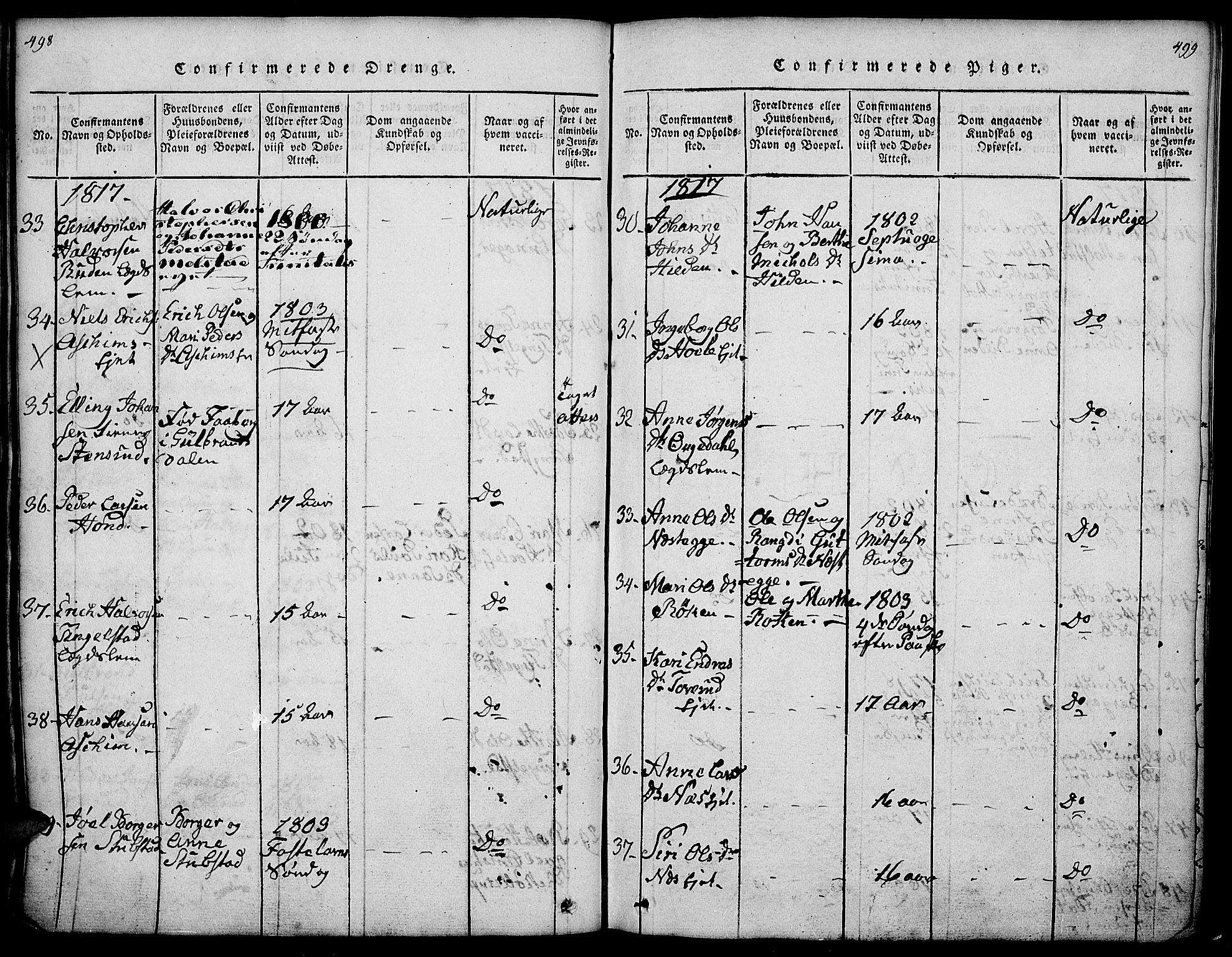 Gran prestekontor, SAH/PREST-112/H/Ha/Haa/L0009: Parish register (official) no. 9, 1815-1824, p. 498-499