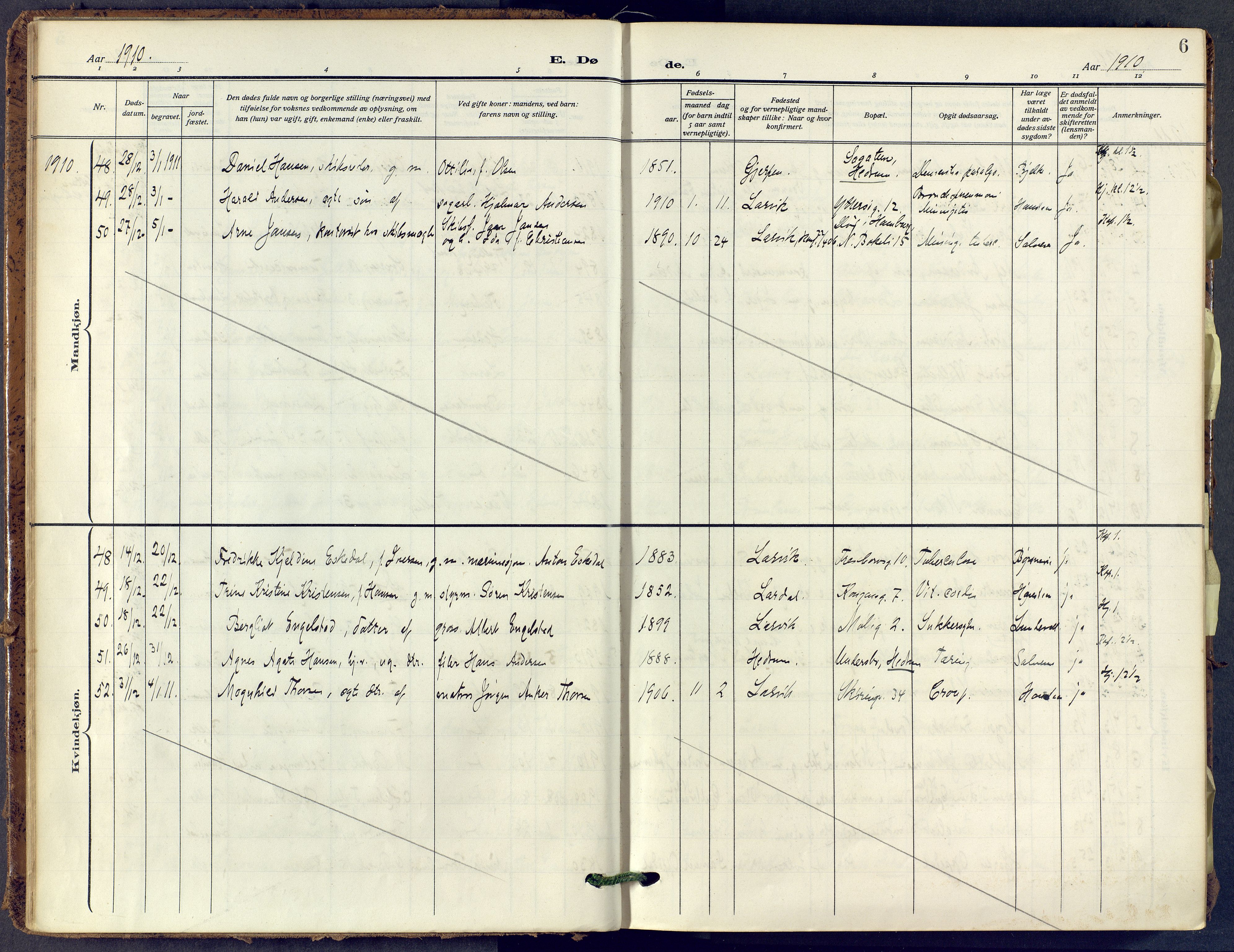 Larvik kirkebøker, AV/SAKO-A-352/F/Fa/L0013: Parish register (official) no. I 13, 1910-1960, p. 6