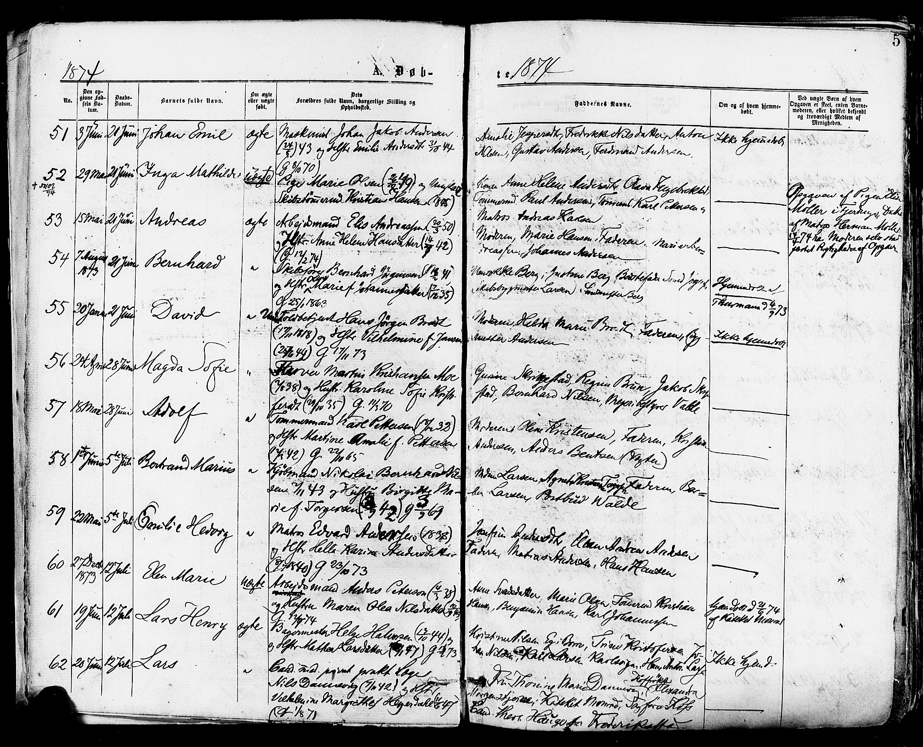 Tønsberg kirkebøker, SAKO/A-330/F/Fa/L0010: Parish register (official) no. I 10, 1874-1880, p. 5