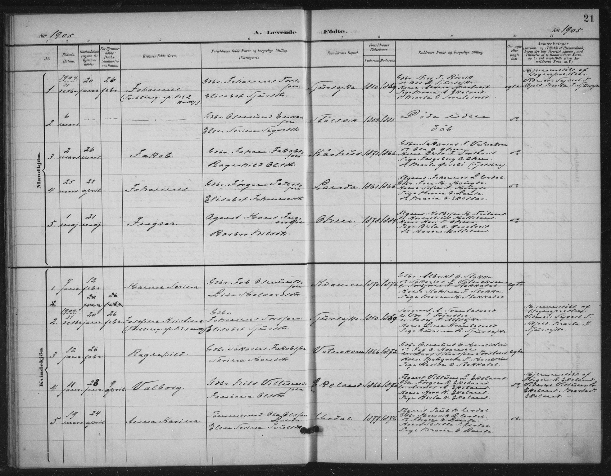 Skjold sokneprestkontor, AV/SAST-A-101847/H/Ha/Haa/L0012: Parish register (official) no. A 12, 1899-1915, p. 21