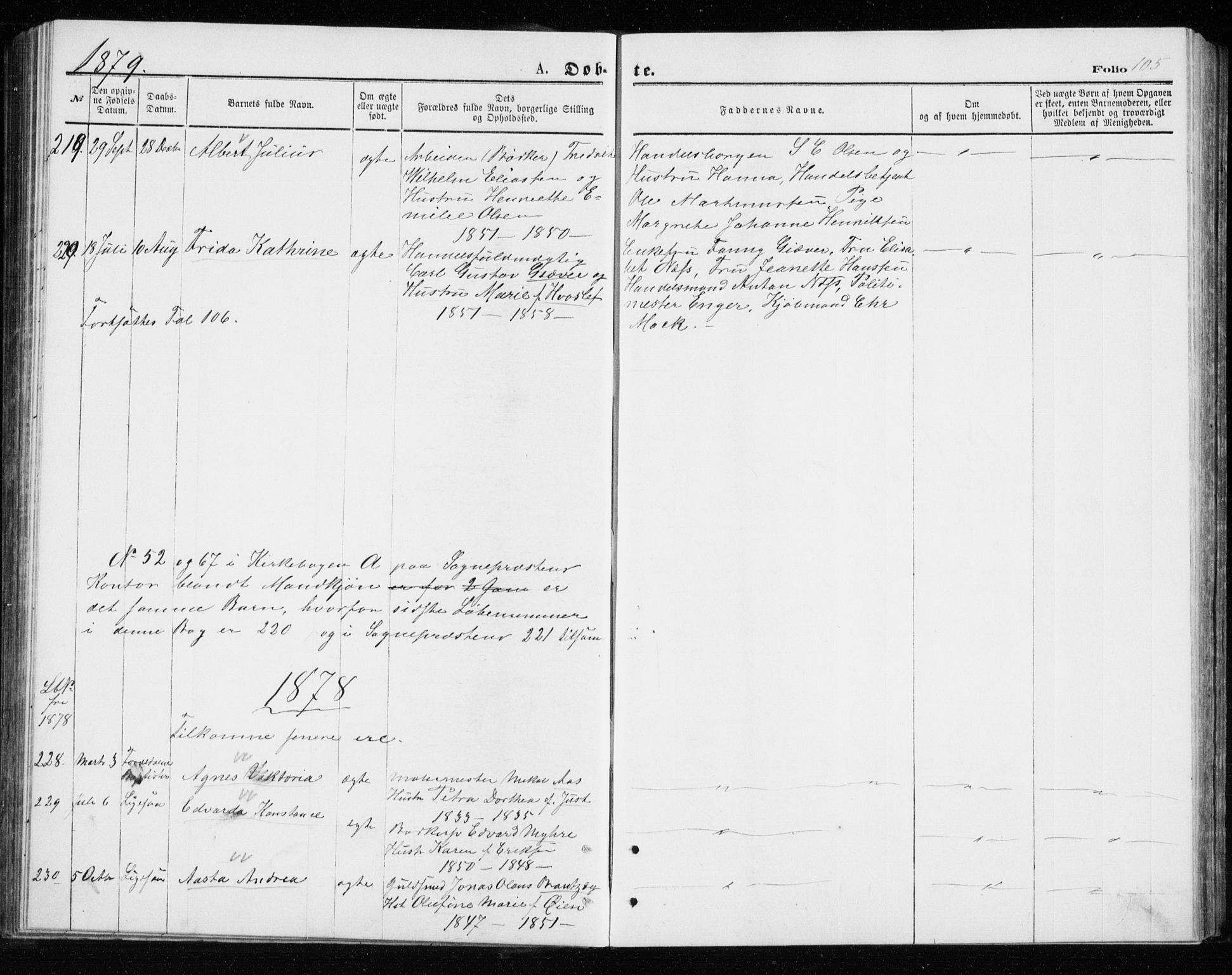 Tromsø sokneprestkontor/stiftsprosti/domprosti, AV/SATØ-S-1343/G/Gb/L0008klokker: Parish register (copy) no. 8, 1875-1879, p. 105