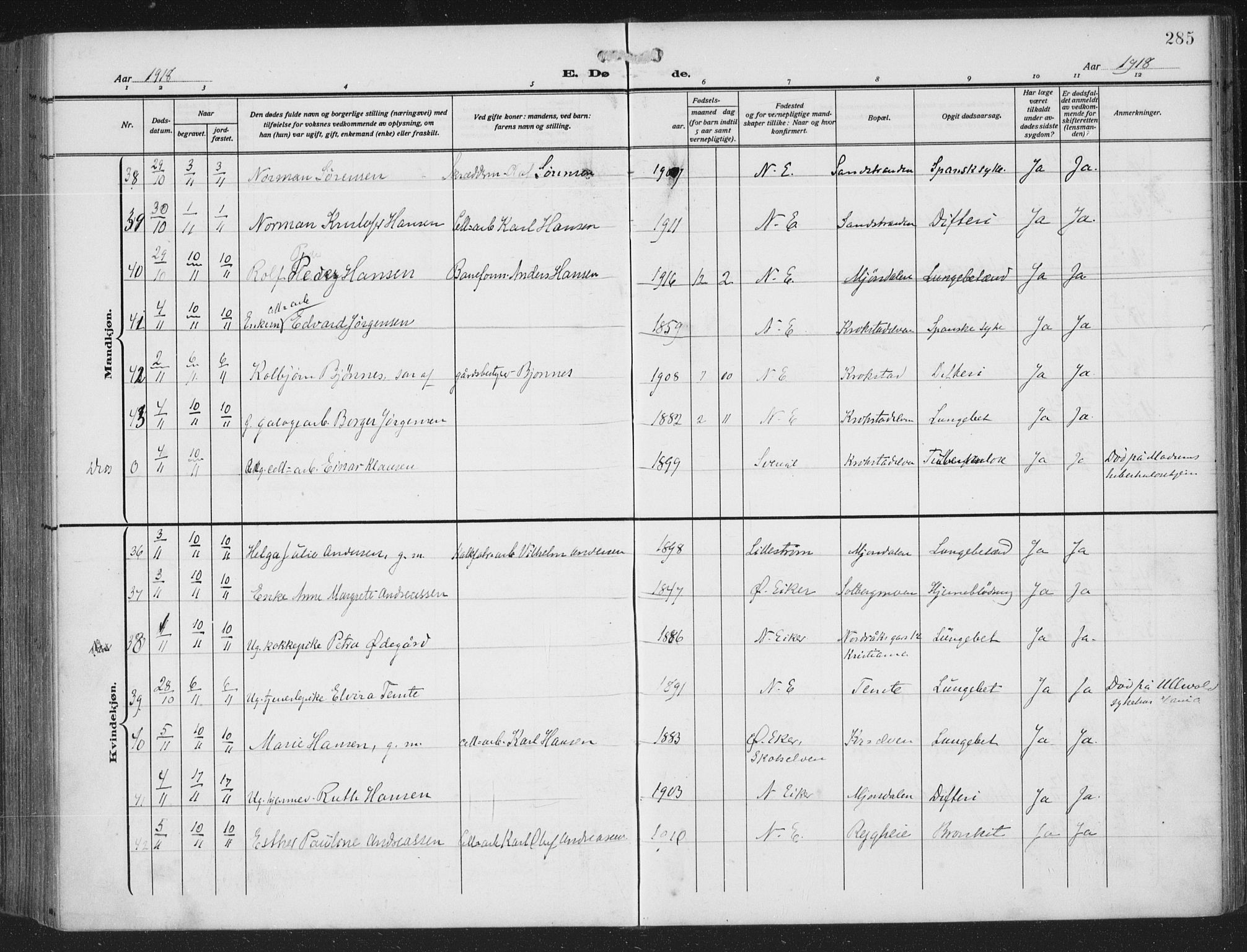 Nedre Eiker kirkebøker, AV/SAKO-A-612/F/Fa/L0007: Parish register (official) no. 7, 1912-1918, p. 285