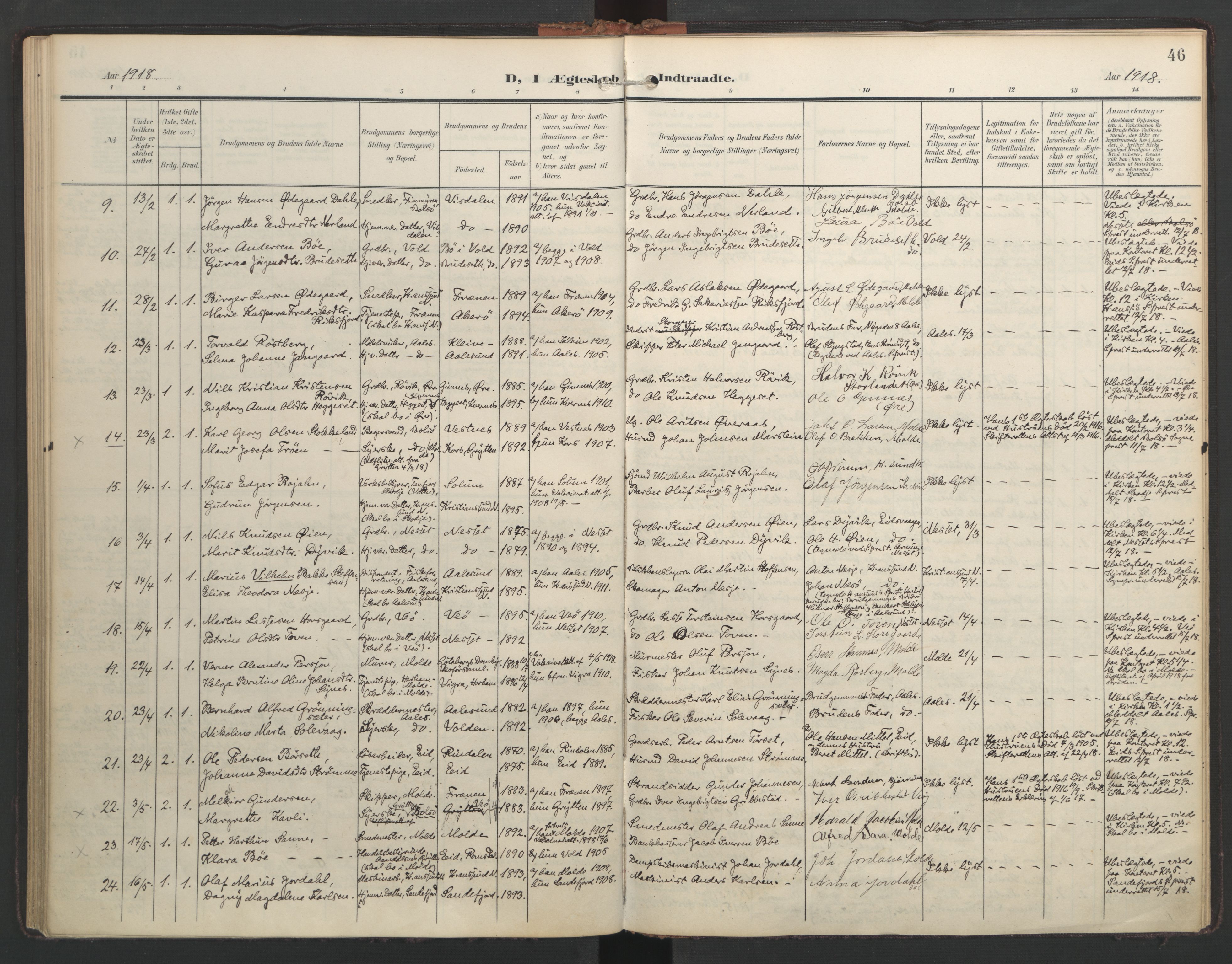 Ministerialprotokoller, klokkerbøker og fødselsregistre - Møre og Romsdal, AV/SAT-A-1454/558/L0694: Parish register (official) no. 558A08, 1907-1922, p. 46