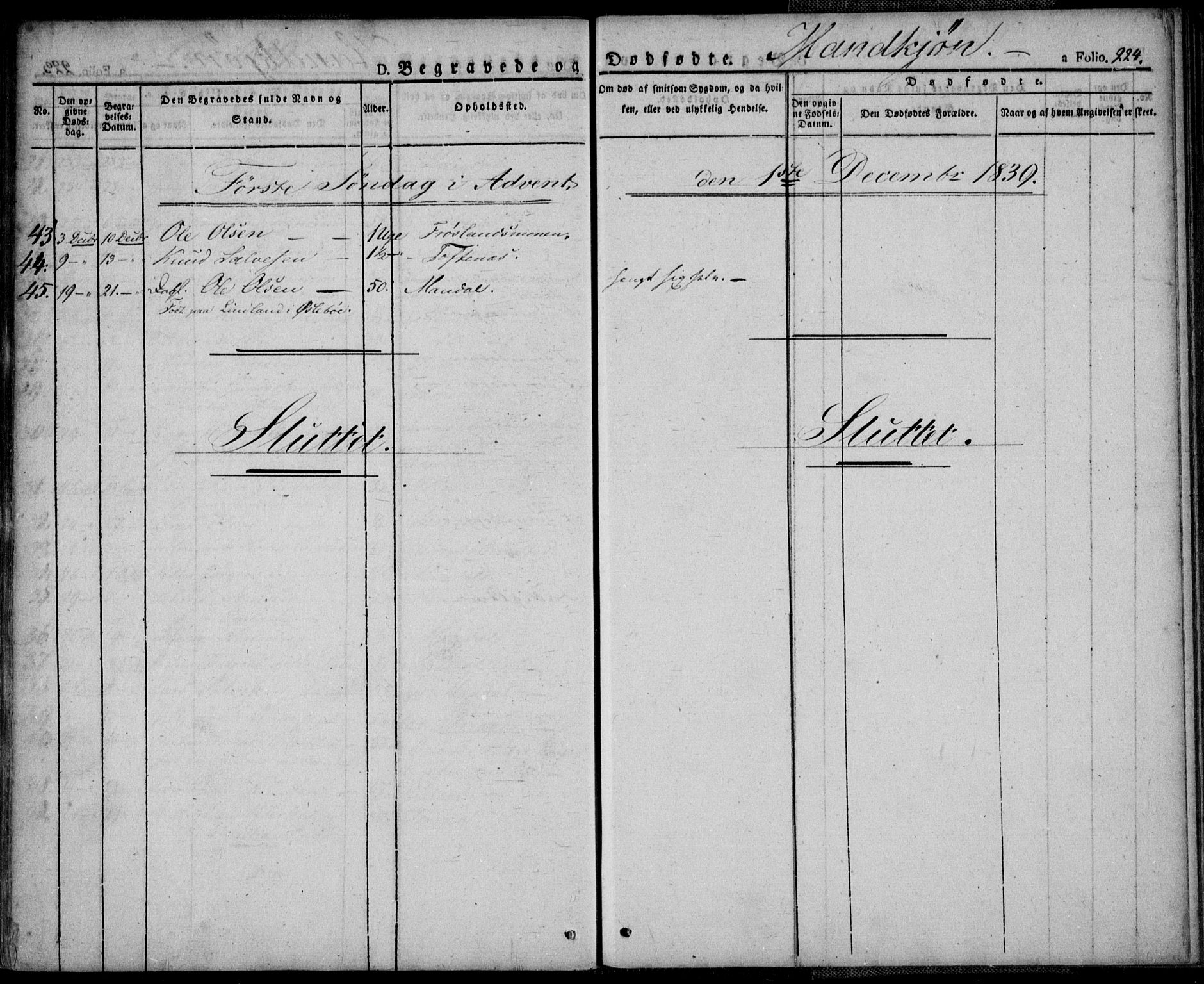 Mandal sokneprestkontor, SAK/1111-0030/F/Fa/Faa/L0011: Parish register (official) no. A 11, 1830-1839, p. 224