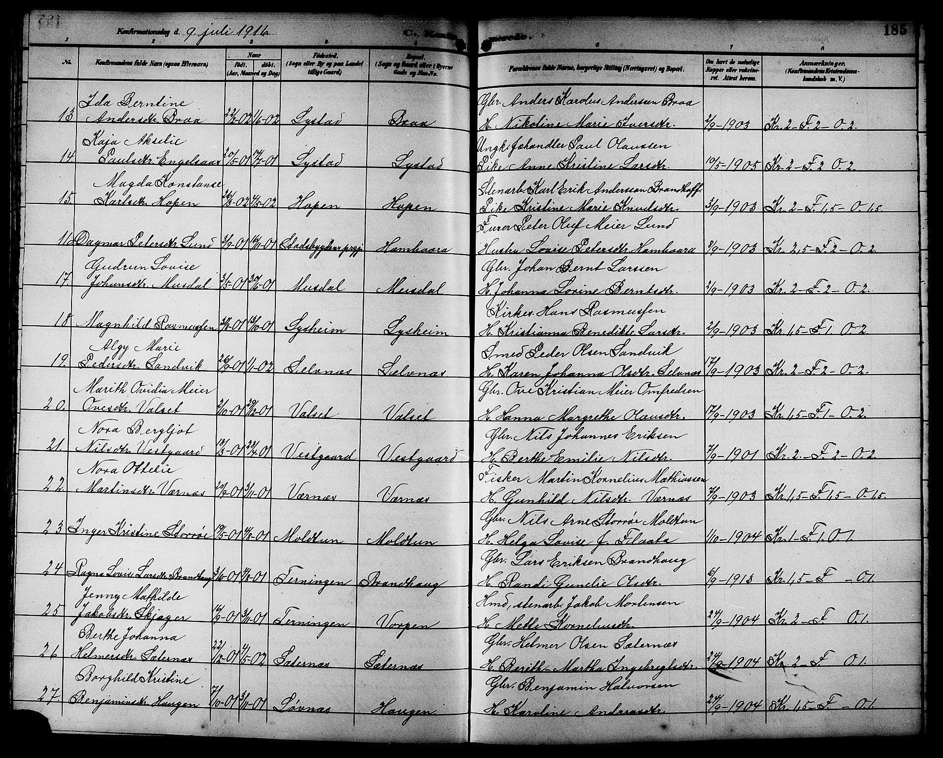 Ministerialprotokoller, klokkerbøker og fødselsregistre - Sør-Trøndelag, SAT/A-1456/662/L0757: Parish register (copy) no. 662C02, 1892-1918, p. 185