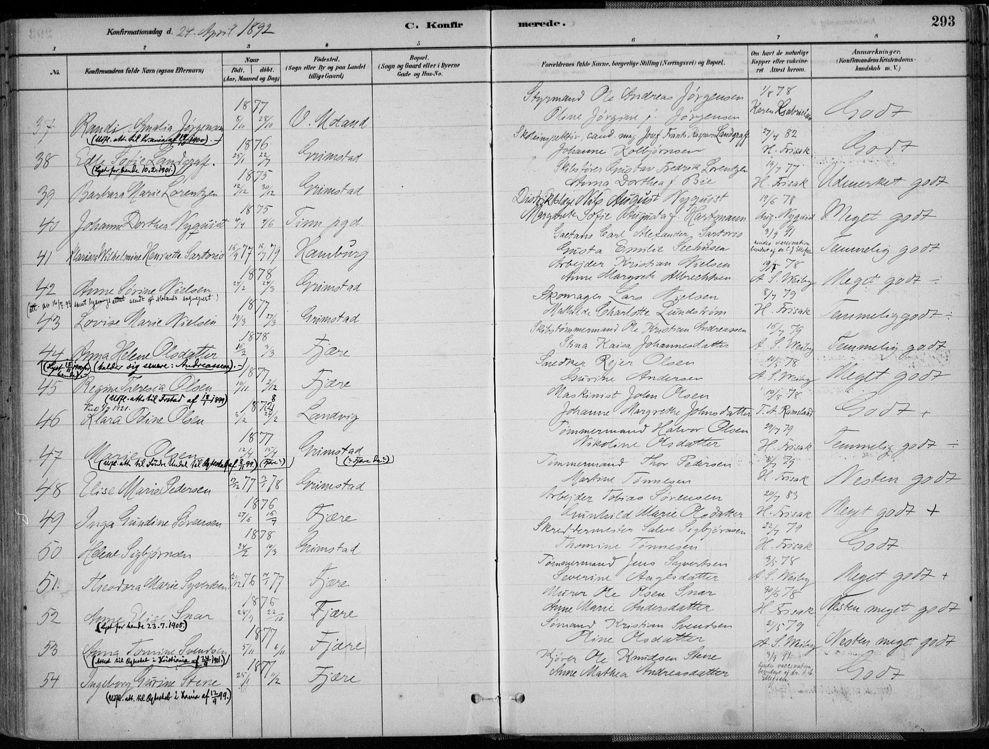 Grimstad sokneprestkontor, SAK/1111-0017/F/Fa/L0003: Parish register (official) no. A 2, 1882-1912, p. 293