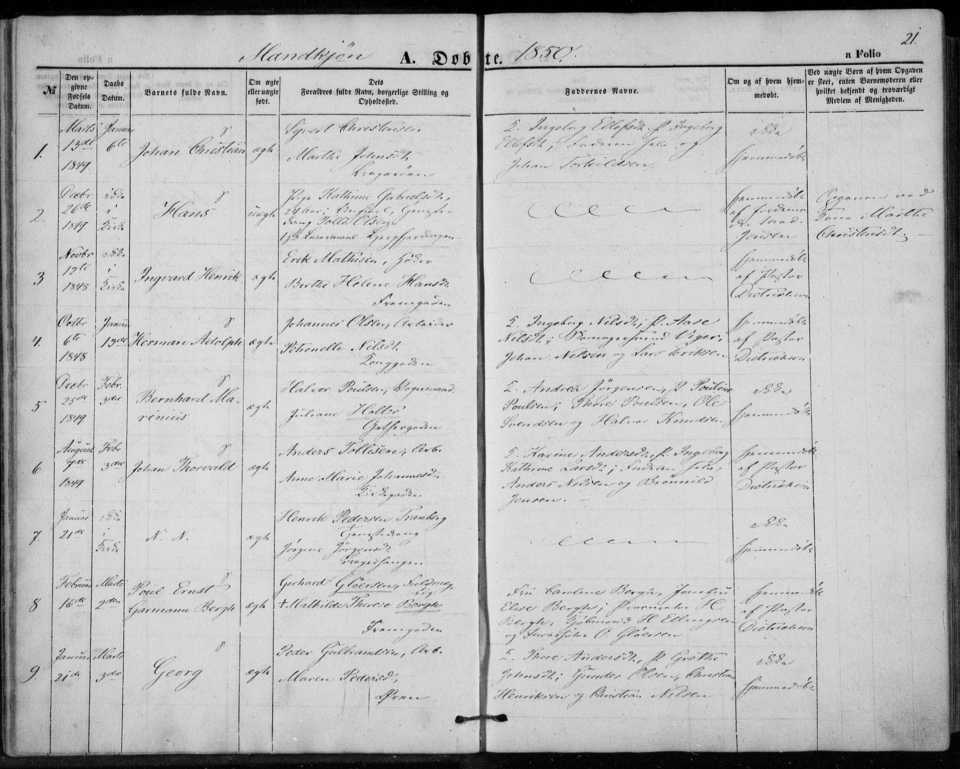 Bragernes kirkebøker, AV/SAKO-A-6/F/Fb/L0002: Parish register (official) no. II 2, 1848-1859, p. 21