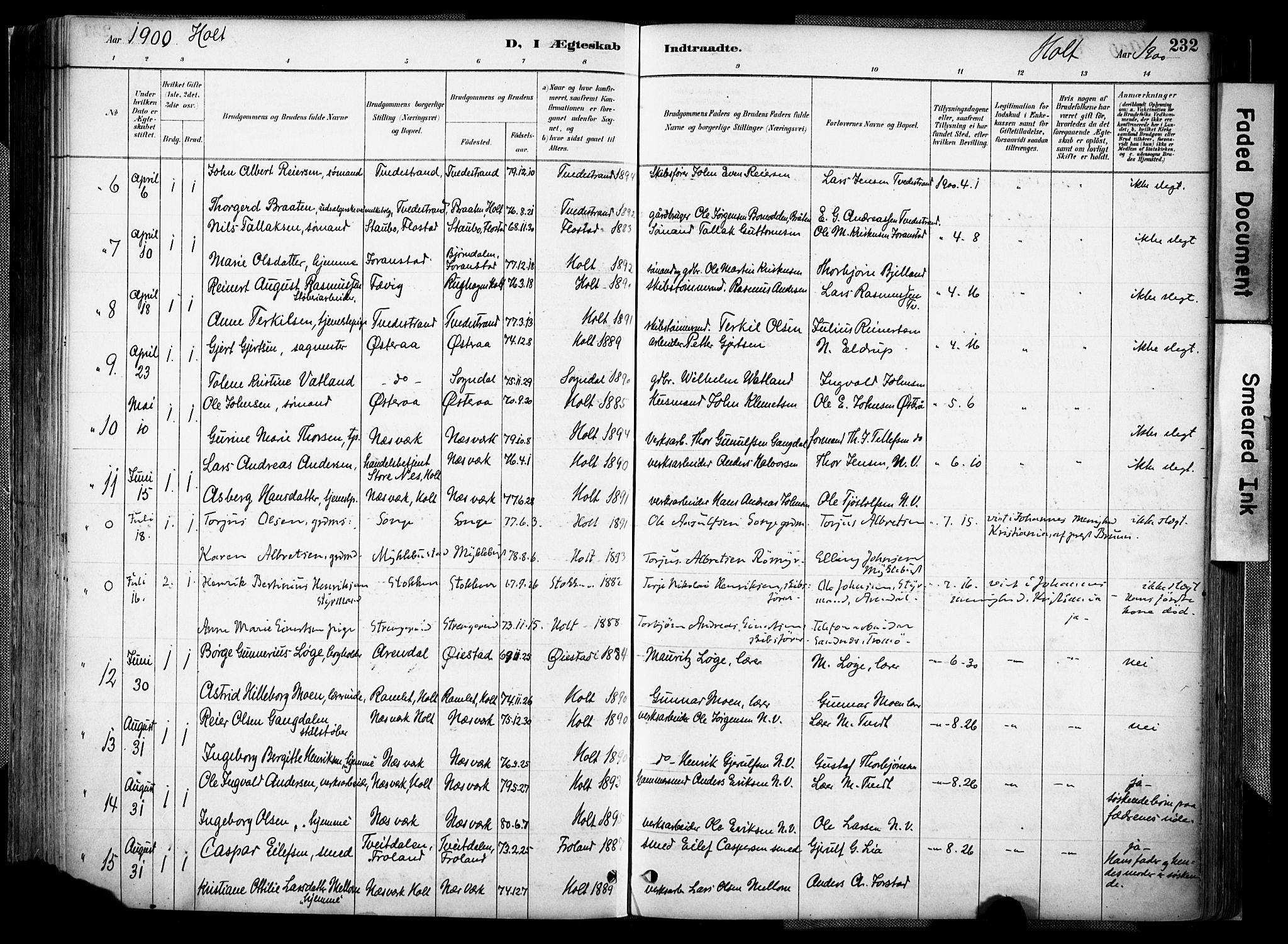 Holt sokneprestkontor, AV/SAK-1111-0021/F/Fa/L0012: Parish register (official) no. A 12, 1885-1907, p. 232