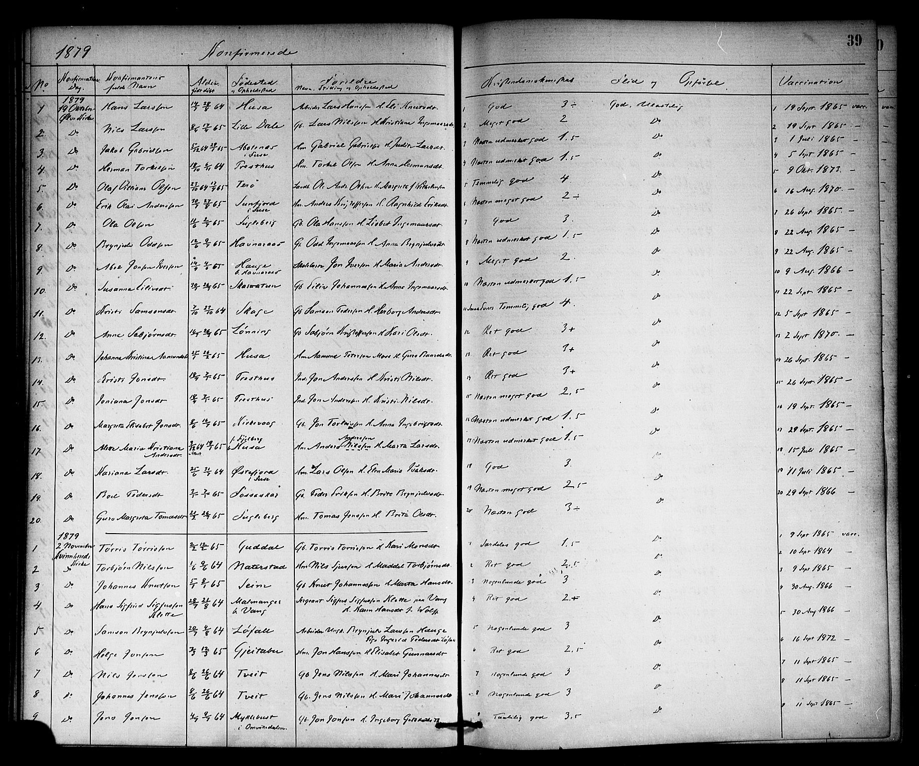 Kvinnherad sokneprestembete, SAB/A-76401/H/Haa: Parish register (official) no. A 10, 1867-1886, p. 39