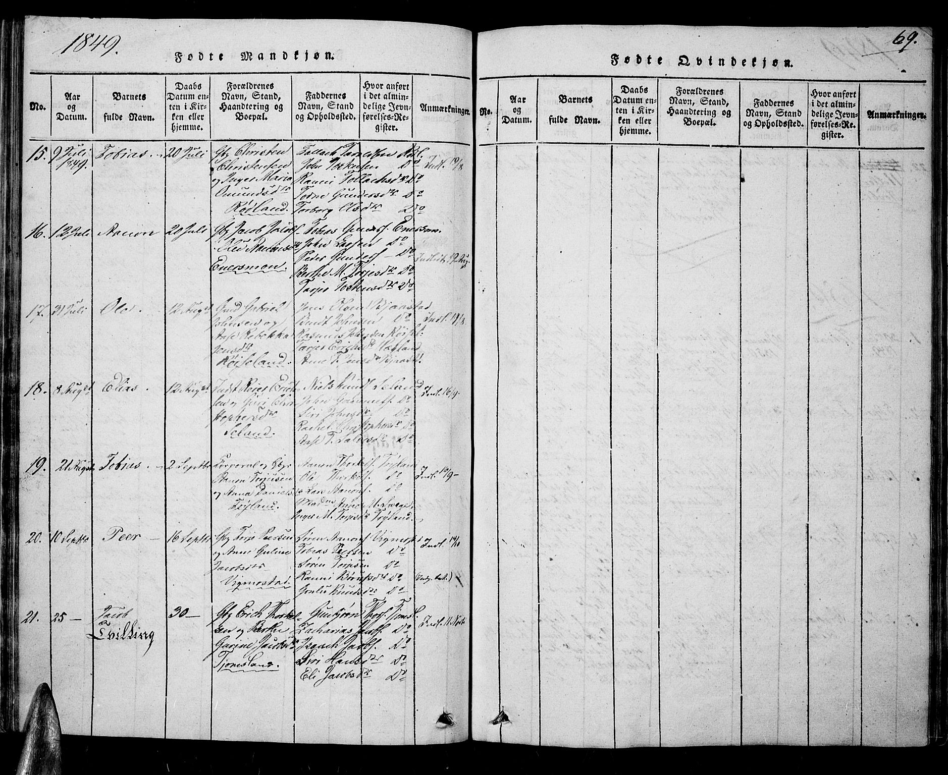 Nord-Audnedal sokneprestkontor, AV/SAK-1111-0032/F/Fa/Fab/L0001: Parish register (official) no. A 1, 1816-1858, p. 69